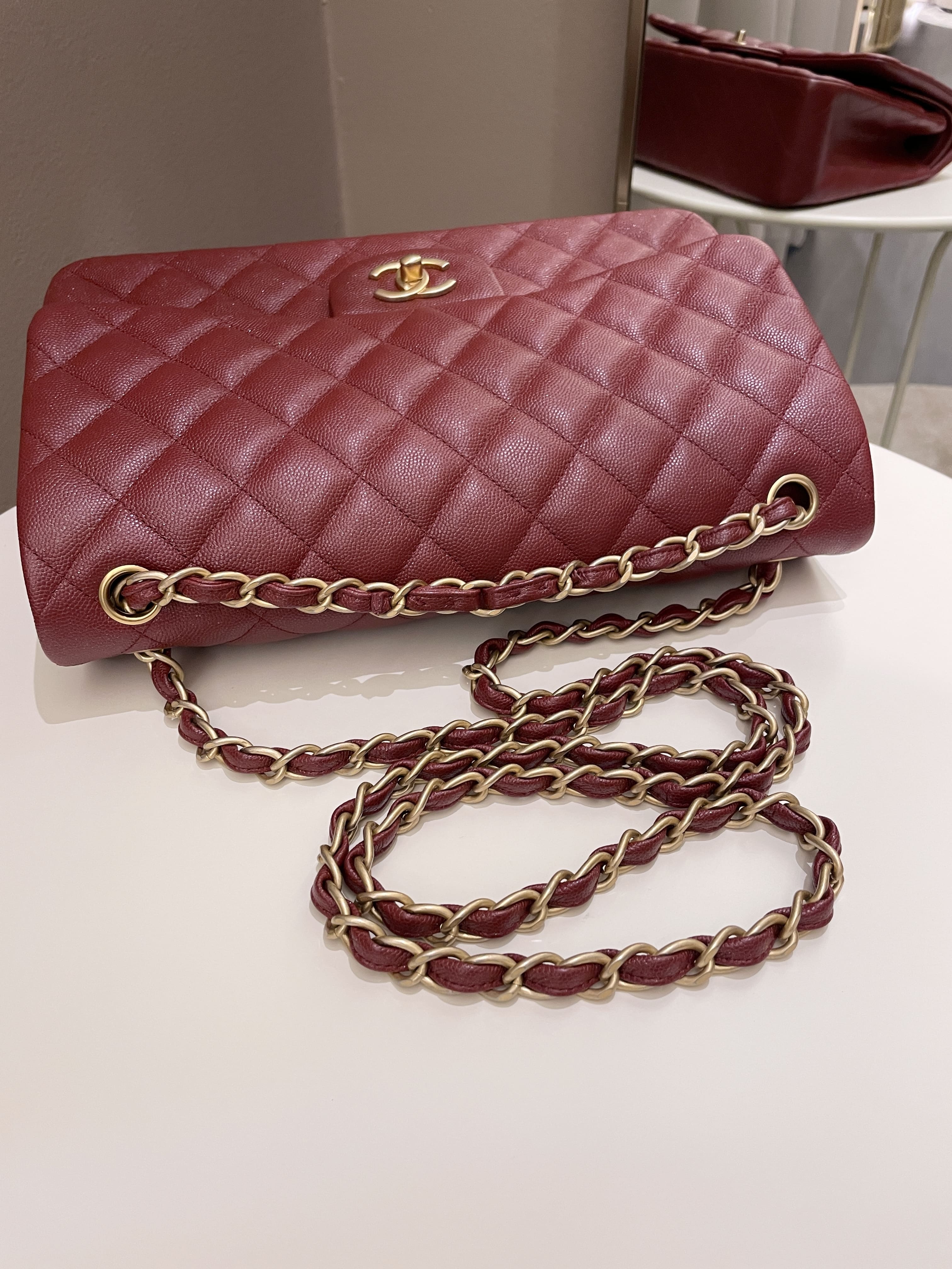 Chanel 18C Classic Quilted Jumbo Double Flap Iridescent Burgundy Caviar Leather