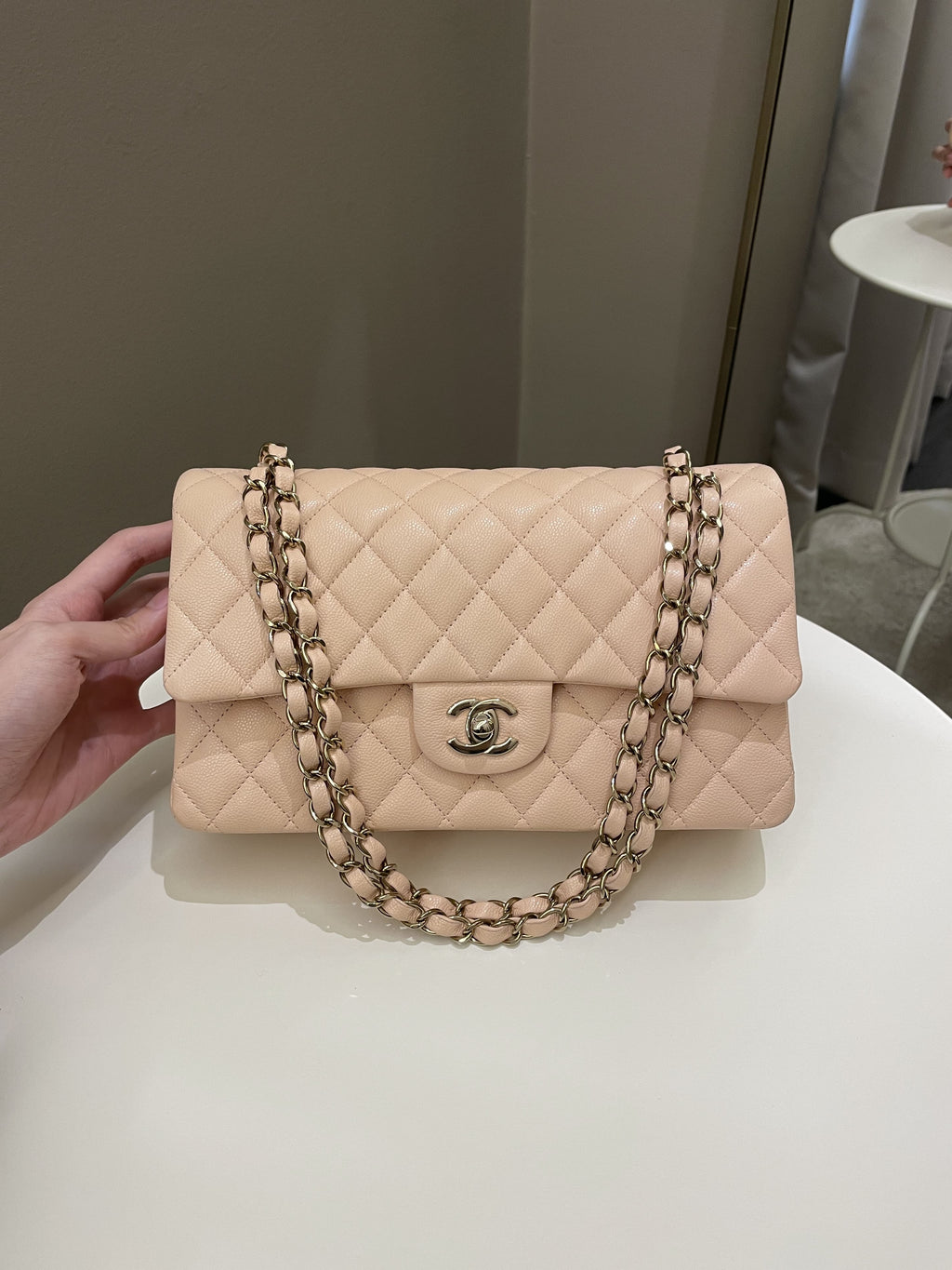 Chanel Classic Quilted Medium Double Flap Beige Peach Caviar