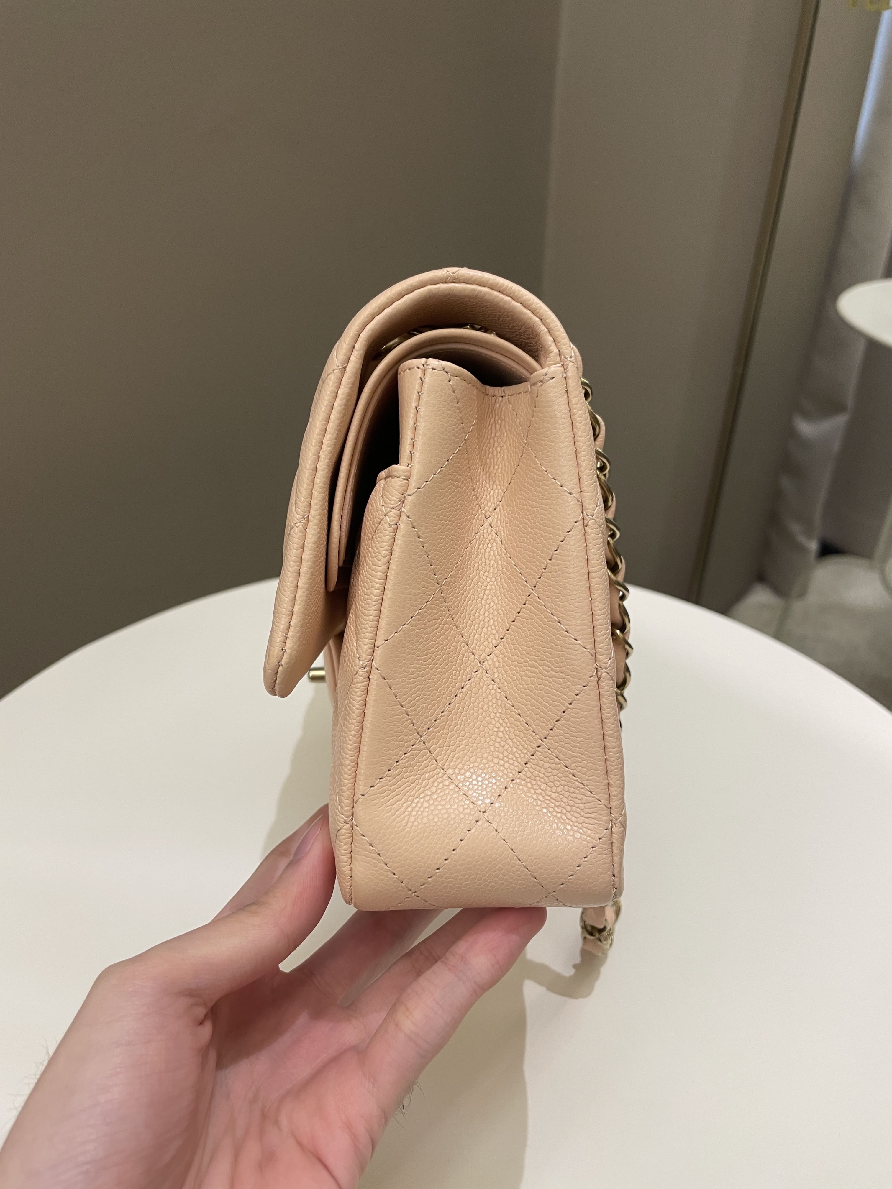 Chanel Classic Quilted Medium Double Flap Beige Peach Caviar
