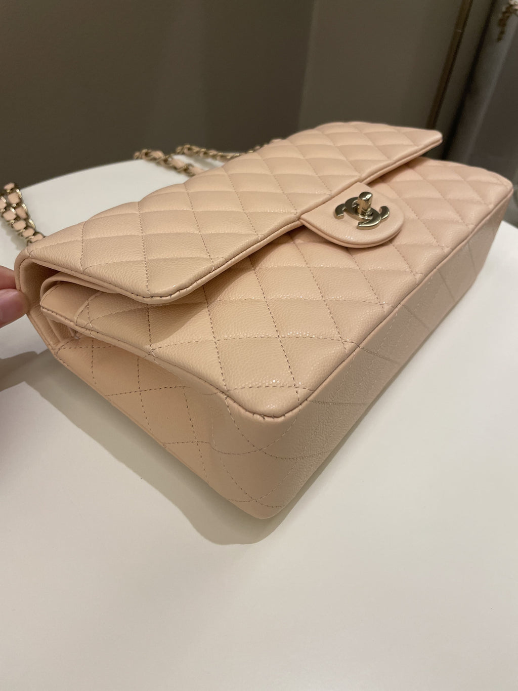Chanel Classic Quilted Medium Double Flap Beige Peach Caviar