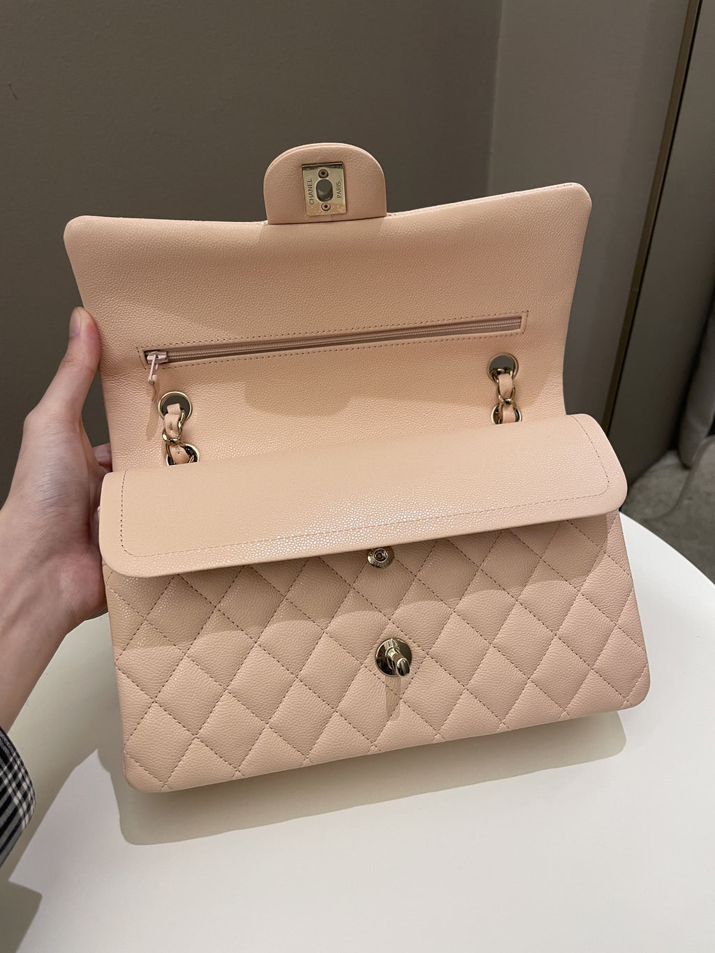 Chanel Classic Quilted Medium Double Flap Beige Peach Caviar
