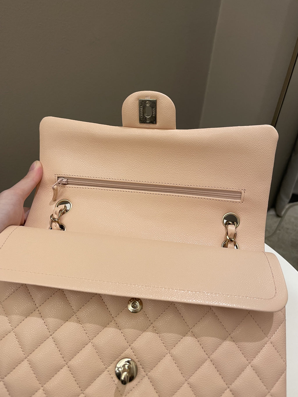 Chanel Classic Quilted Medium Double Flap Beige Peach Caviar