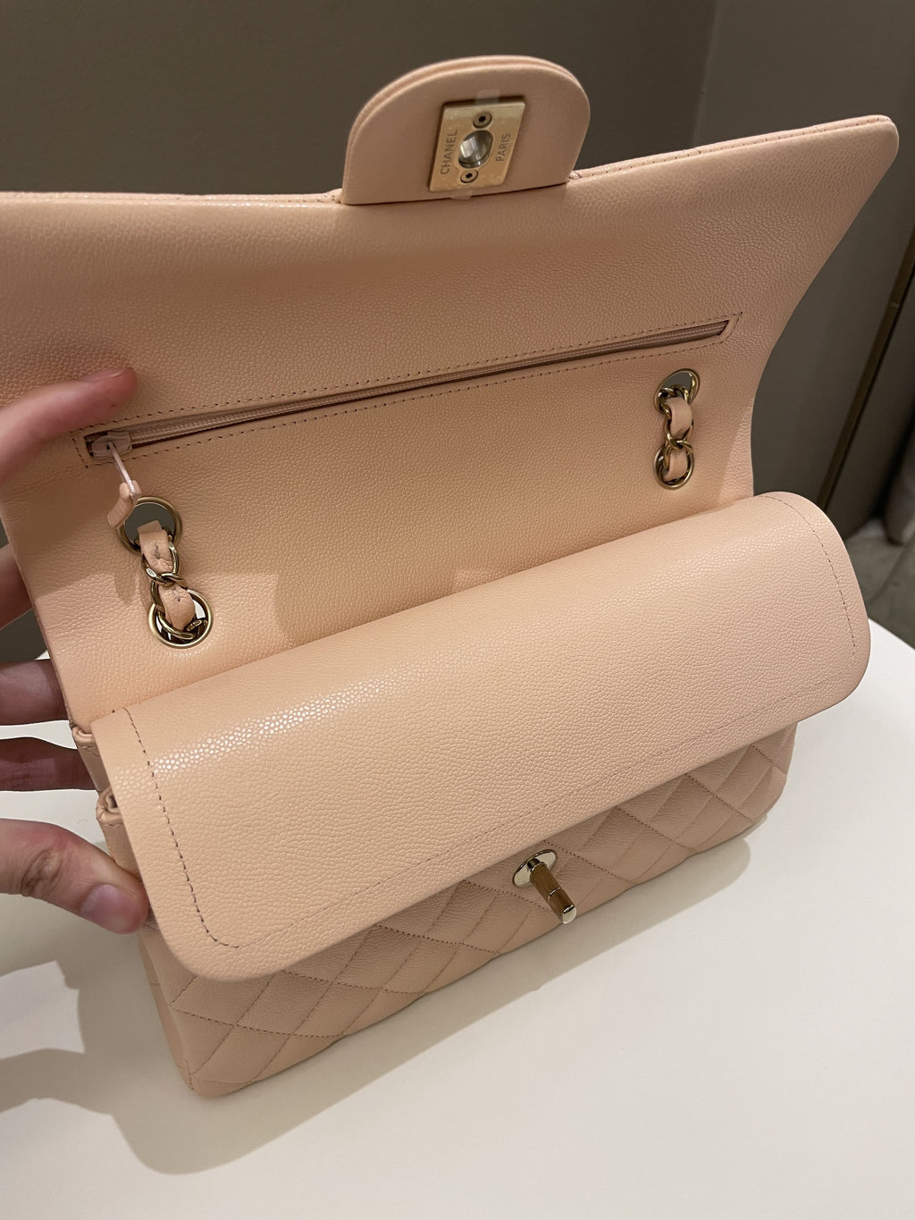 Chanel Classic Quilted Medium Double Flap Beige Peach Caviar