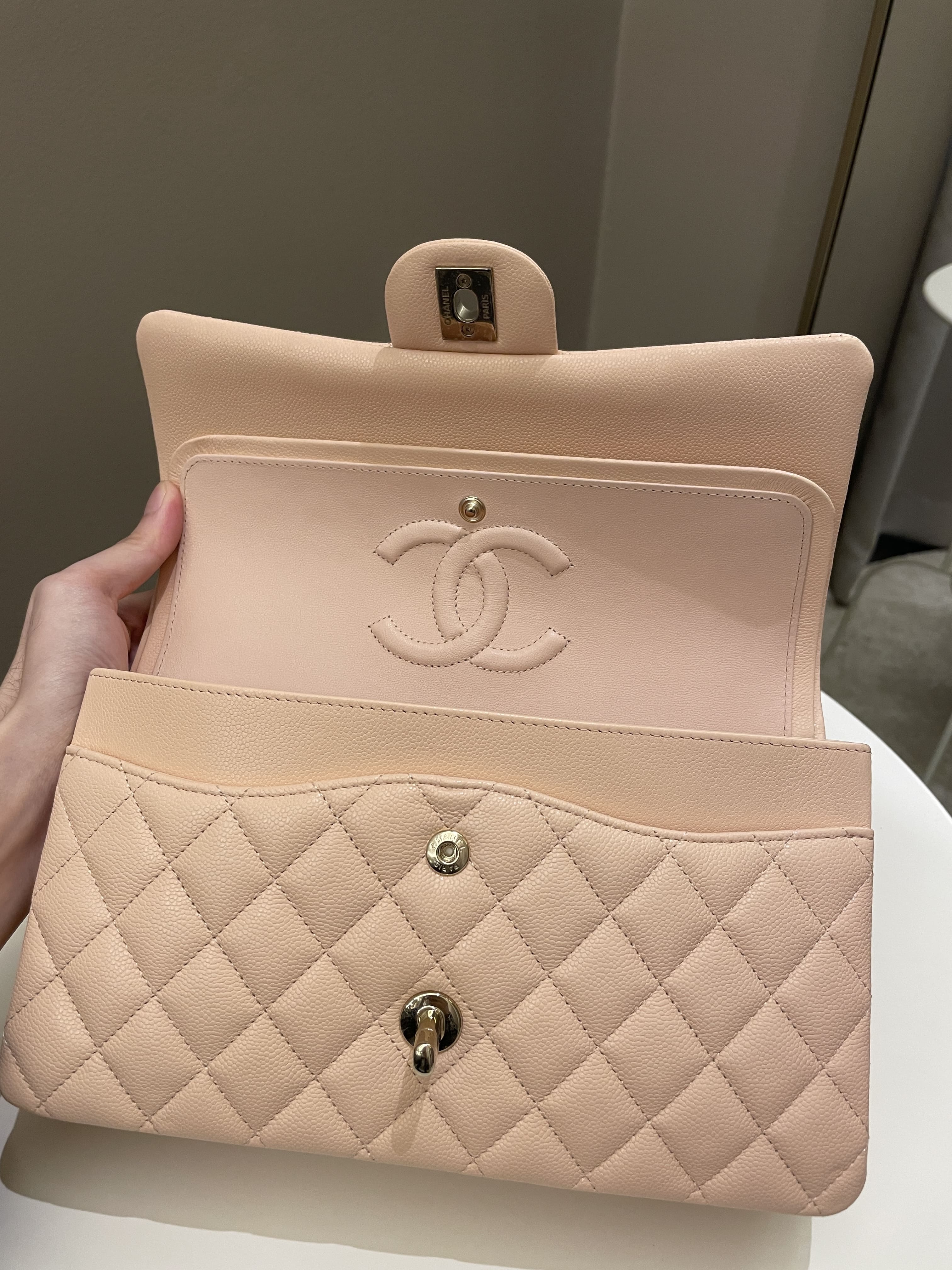 Chanel Classic Quilted Medium Double Flap Beige Peach Caviar
