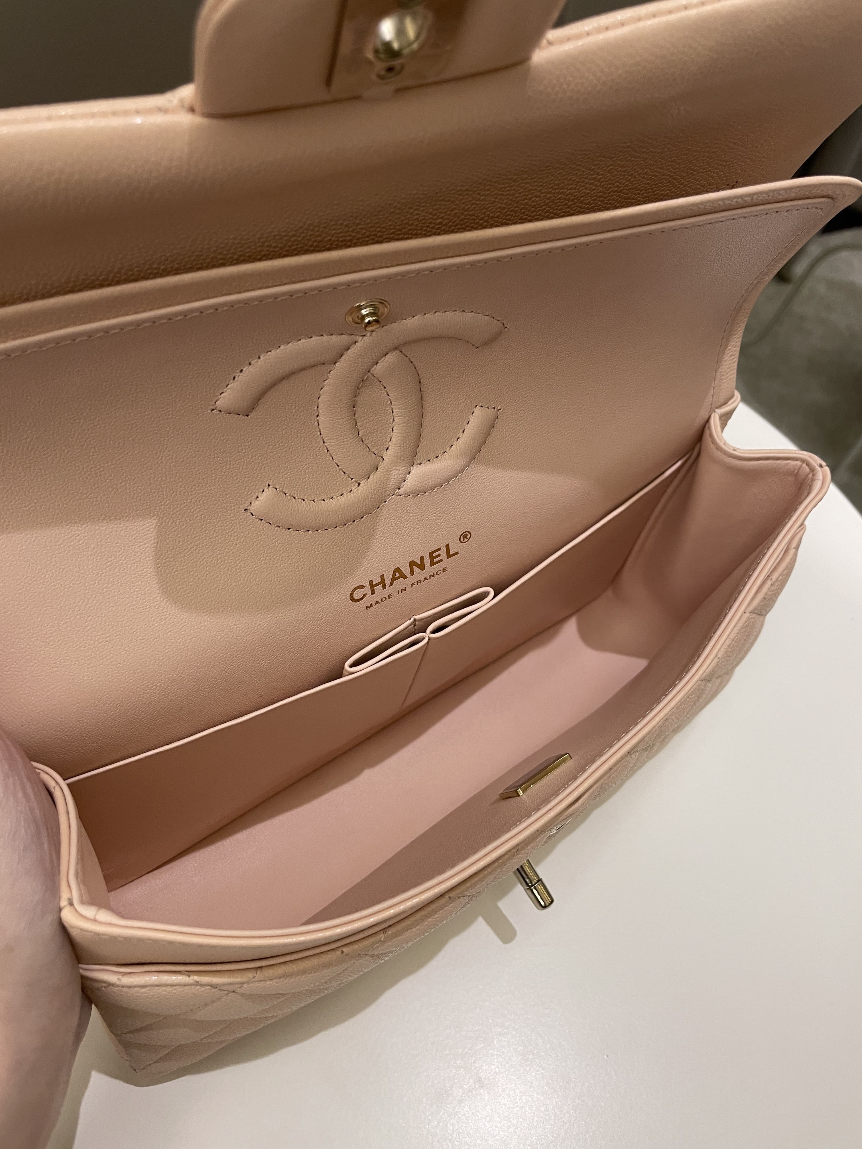 Chanel Classic Quilted Medium Double Flap Beige Peach Caviar