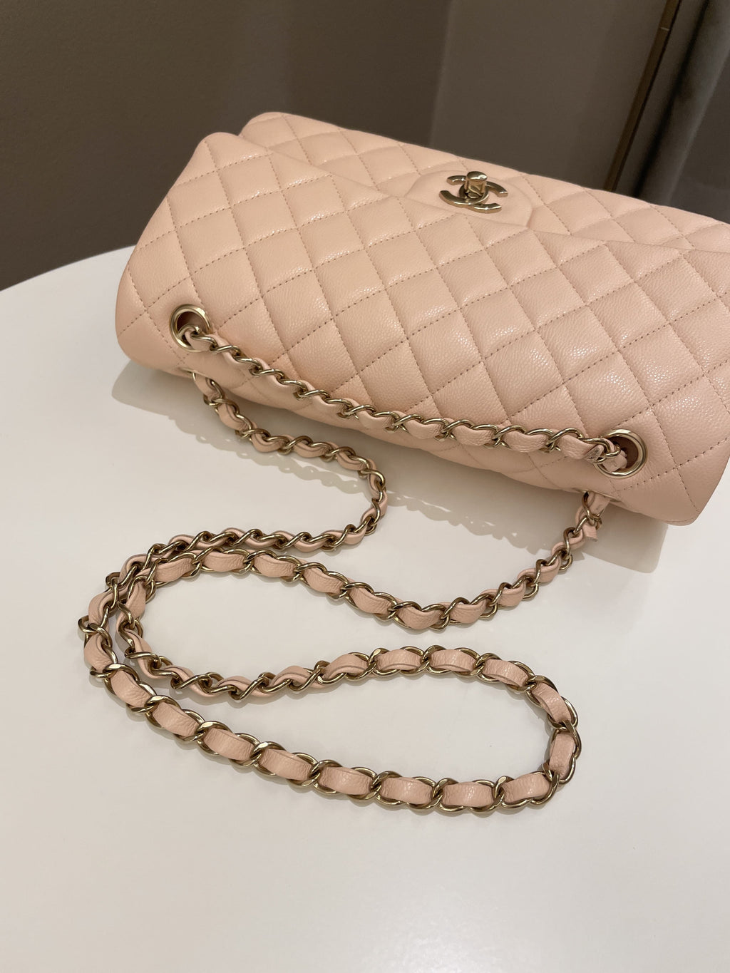 Chanel Classic Quilted Medium Double Flap Beige Peach Caviar