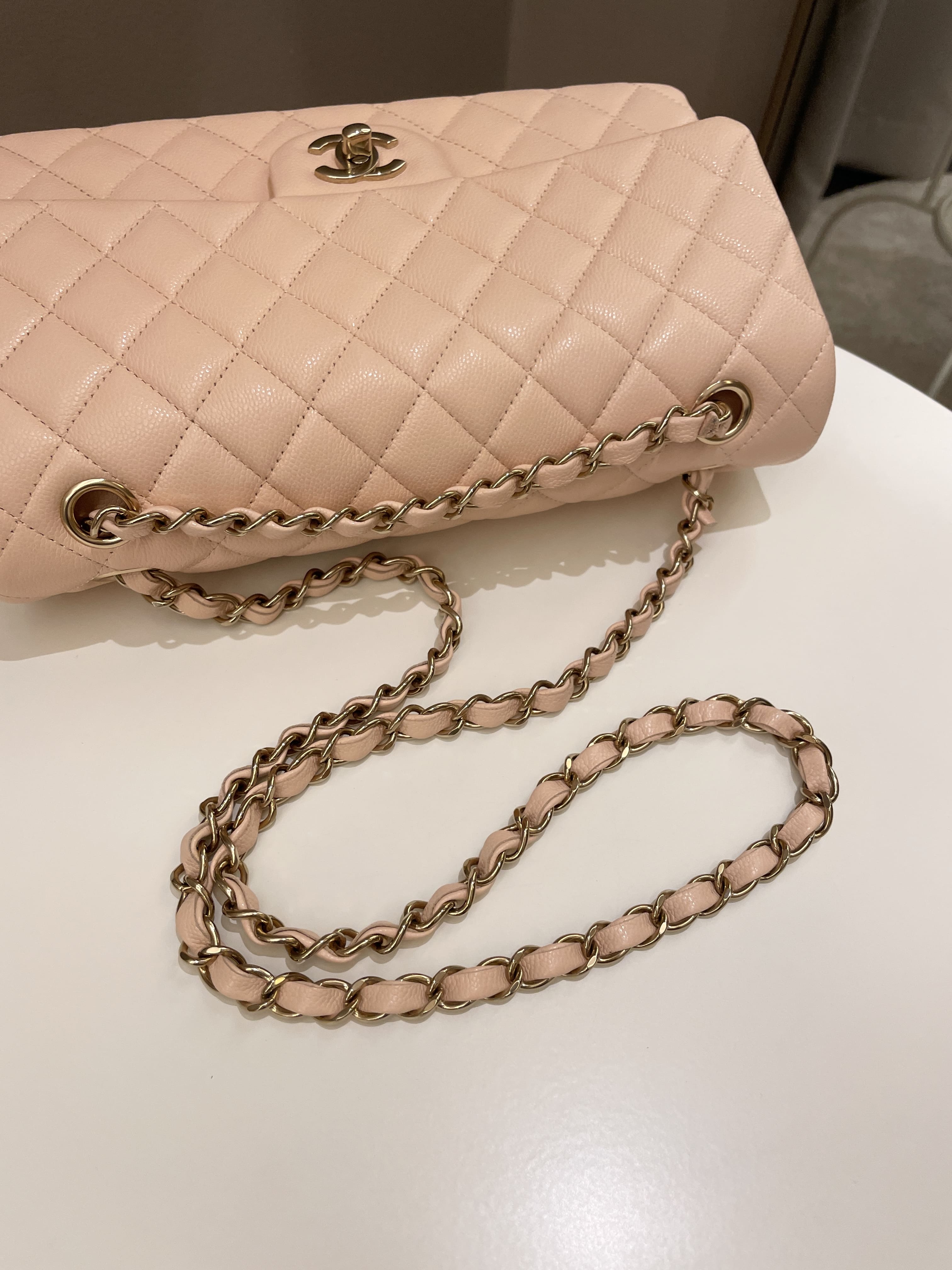 Chanel Classic Quilted Medium Double Flap Beige Peach Caviar