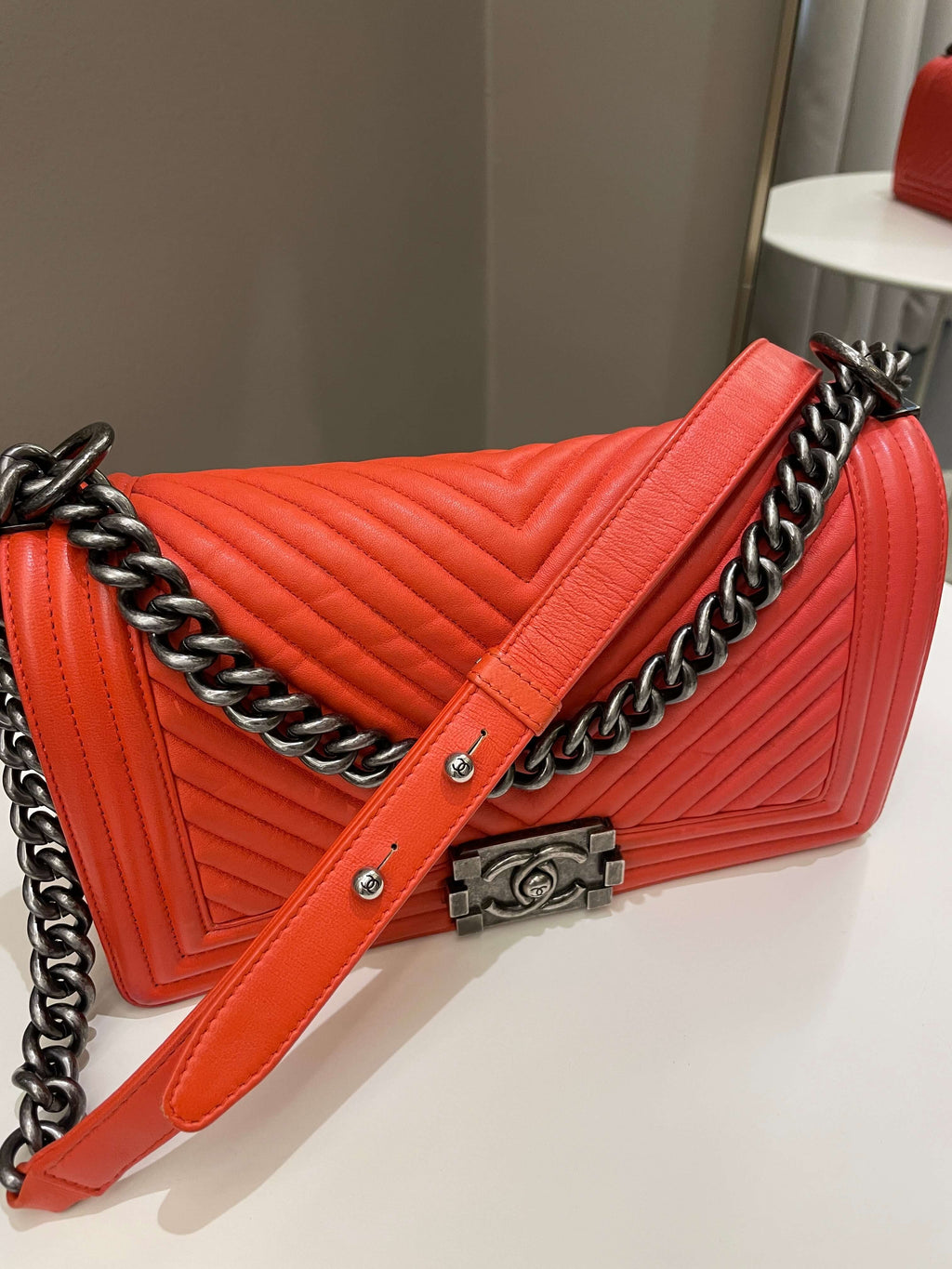 Chanel Herringbone Chevron Boy Old Medium Red Calfskin