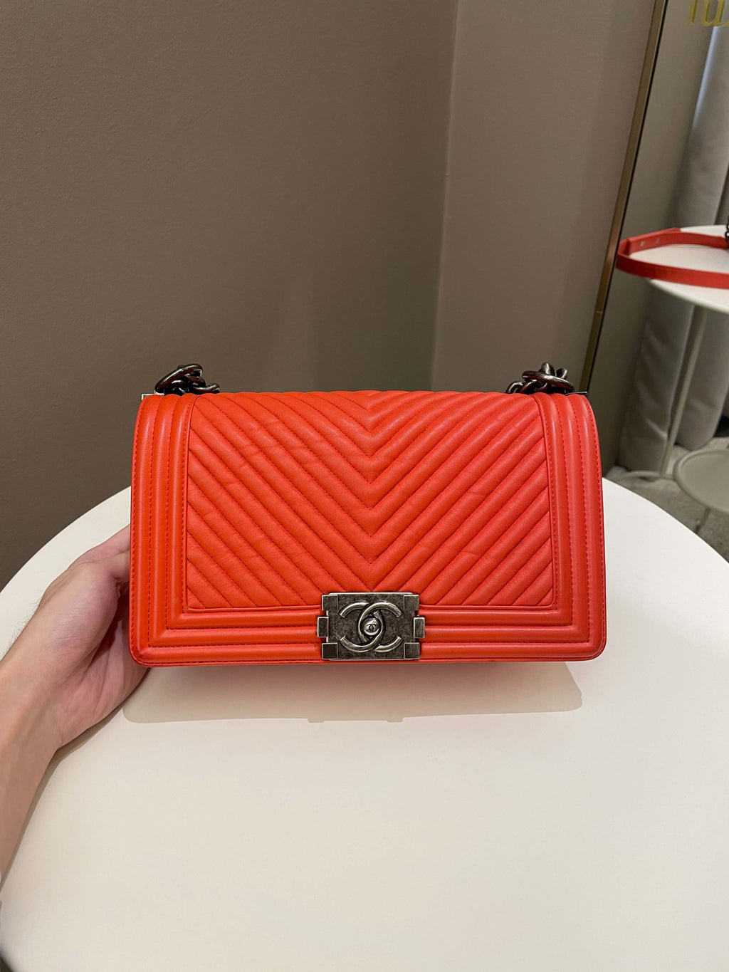 Chanel Herringbone Chevron Boy Old Medium Red Calfskin