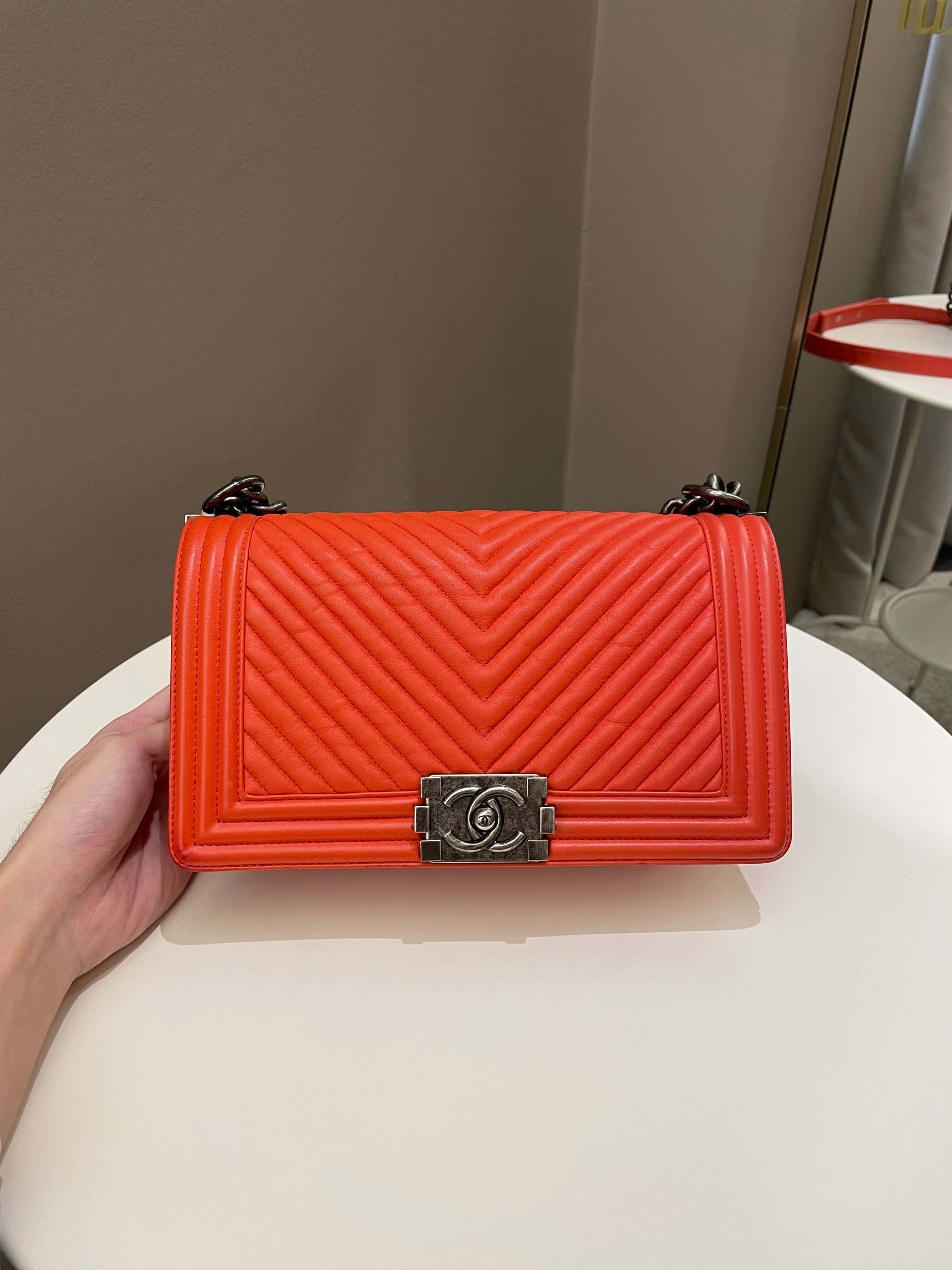 Chanel Herringbone Chevron Boy Old Medium Red Calfskin