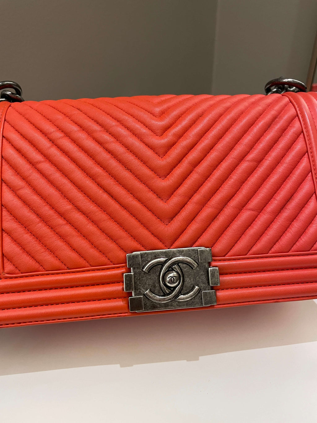 Chanel Herringbone Chevron Boy Old Medium Red Calfskin