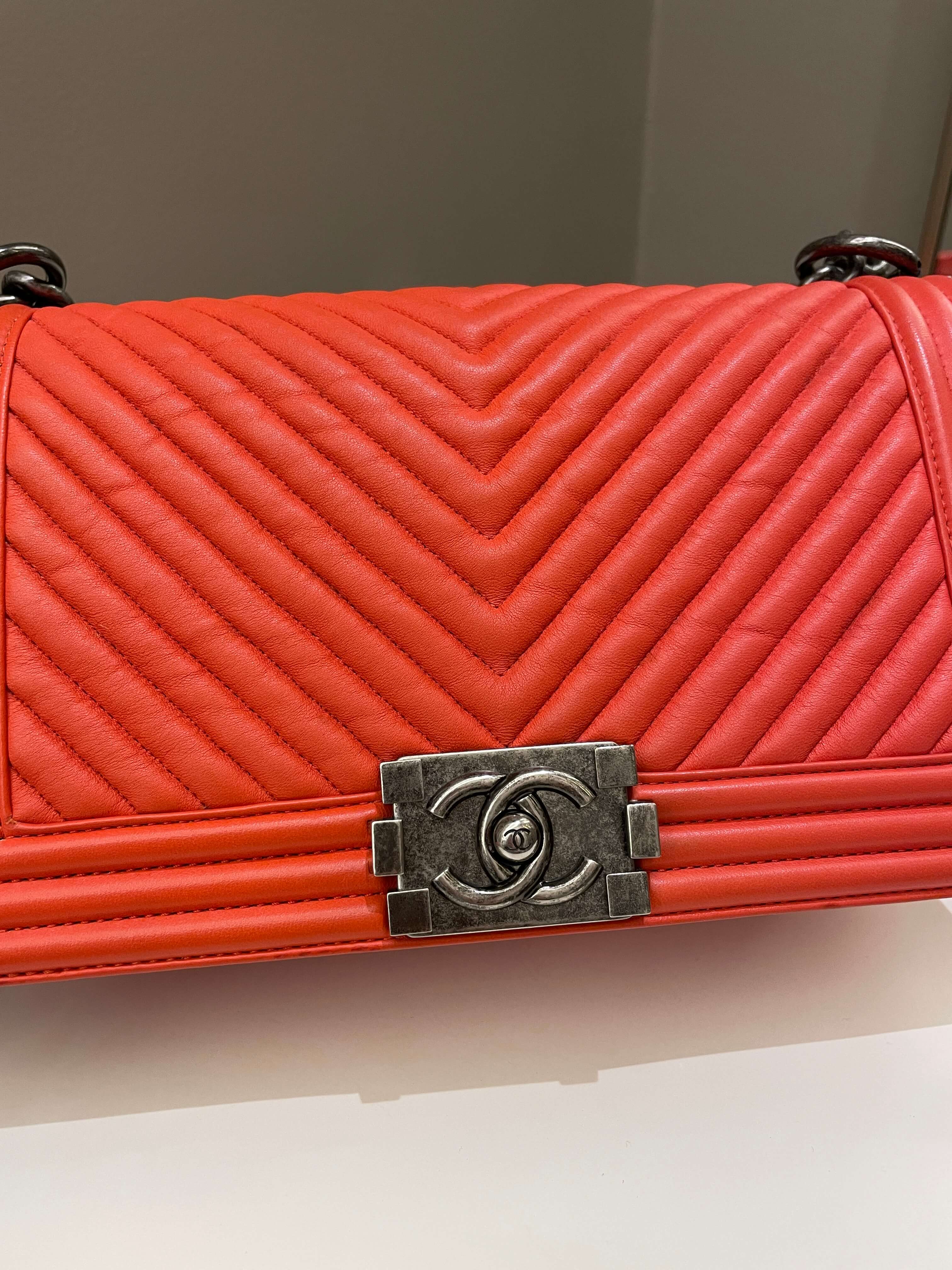 Chanel Herringbone Chevron Boy Old Medium Red Calfskin