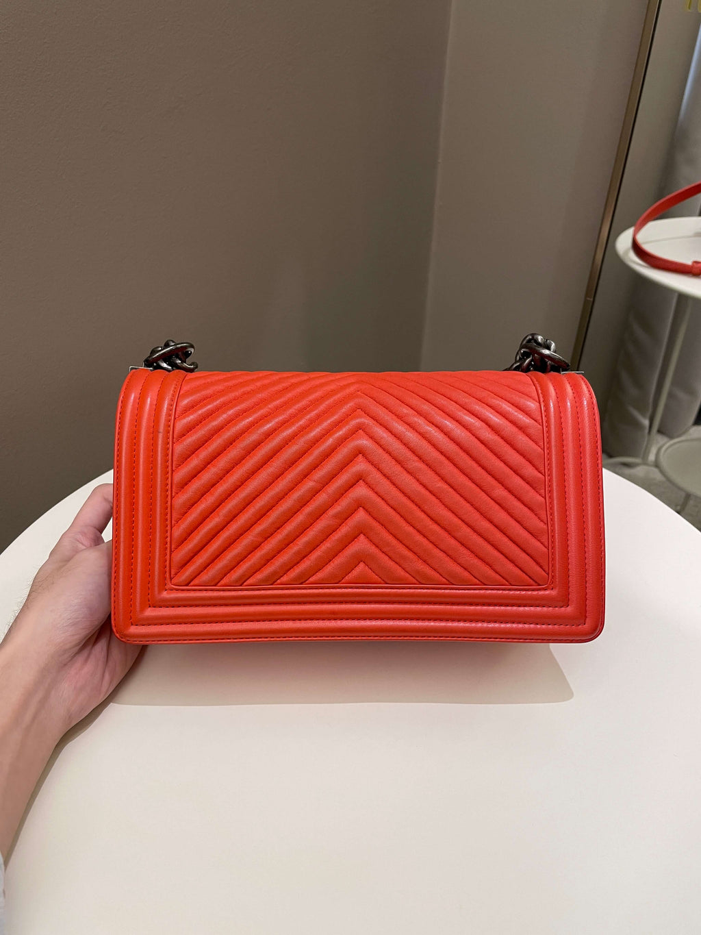 Chanel Herringbone Chevron Boy Old Medium Red Calfskin