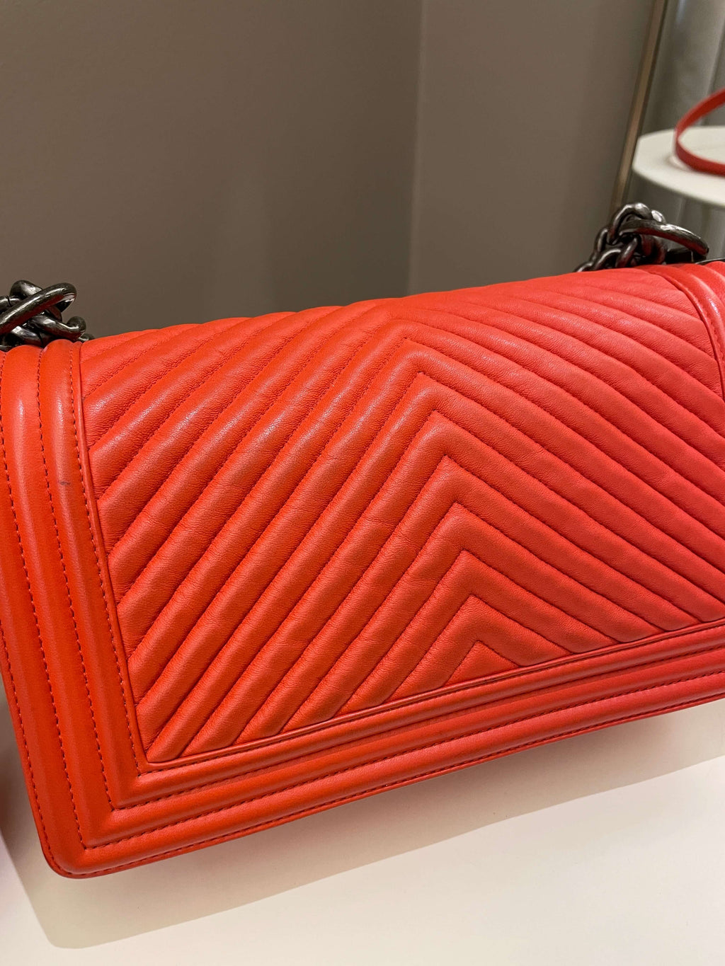 Chanel Herringbone Chevron Boy Old Medium Red Calfskin