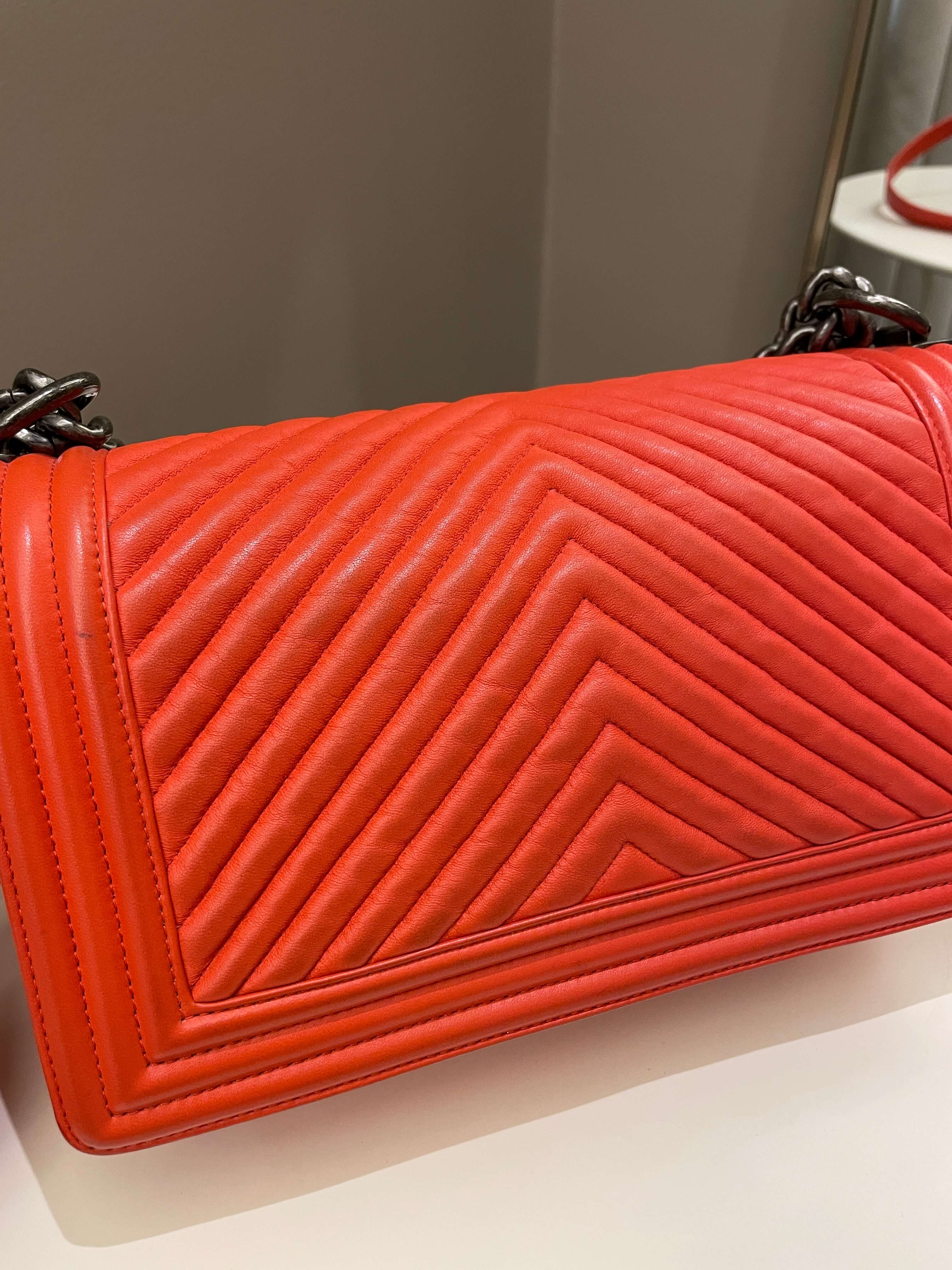 Chanel Herringbone Chevron Boy Old Medium Red Calfskin