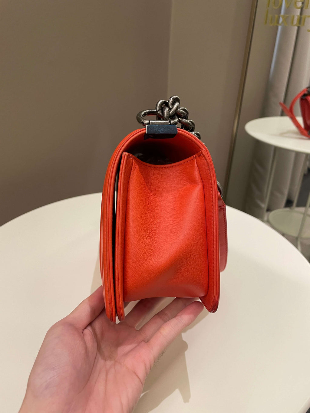 Chanel Herringbone Chevron Boy Old Medium Red Calfskin
