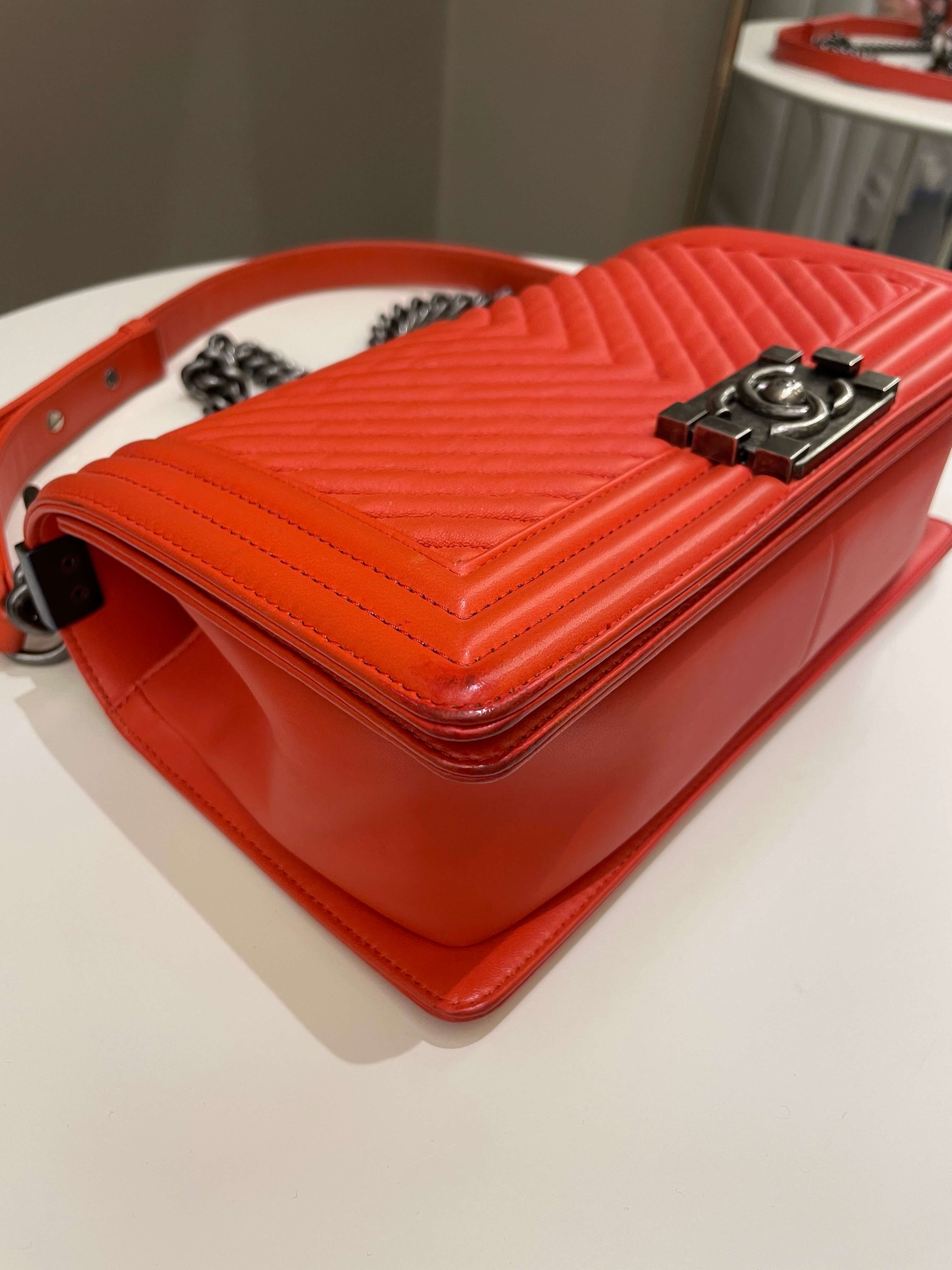 Chanel Herringbone Chevron Boy Old Medium Red Calfskin