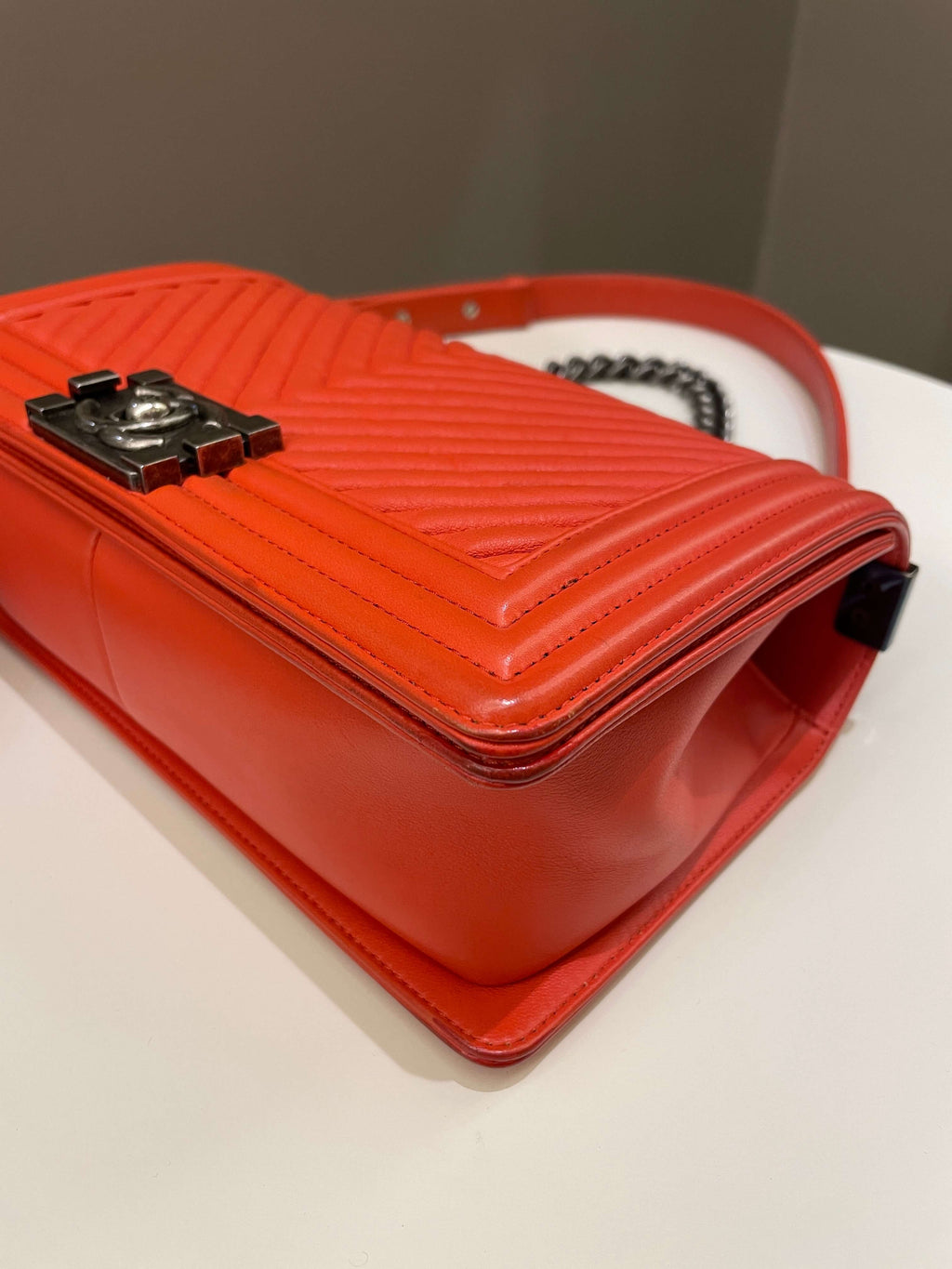 Chanel Herringbone Chevron Boy Old Medium Red Calfskin