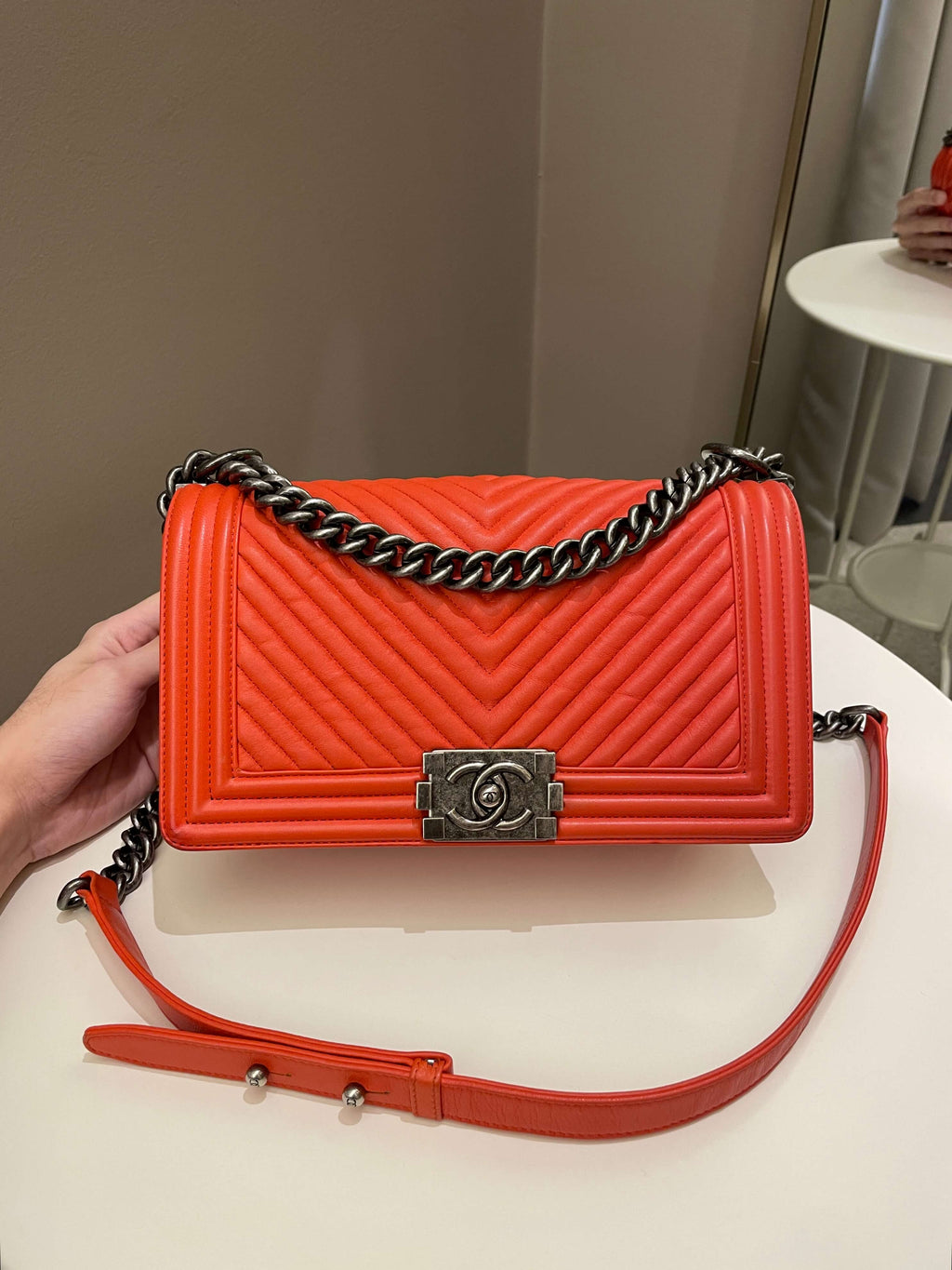Chanel Herringbone Chevron Boy Old Medium Red Calfskin