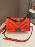 Chanel Herringbone Chevron Boy Old Medium Red Calfskin