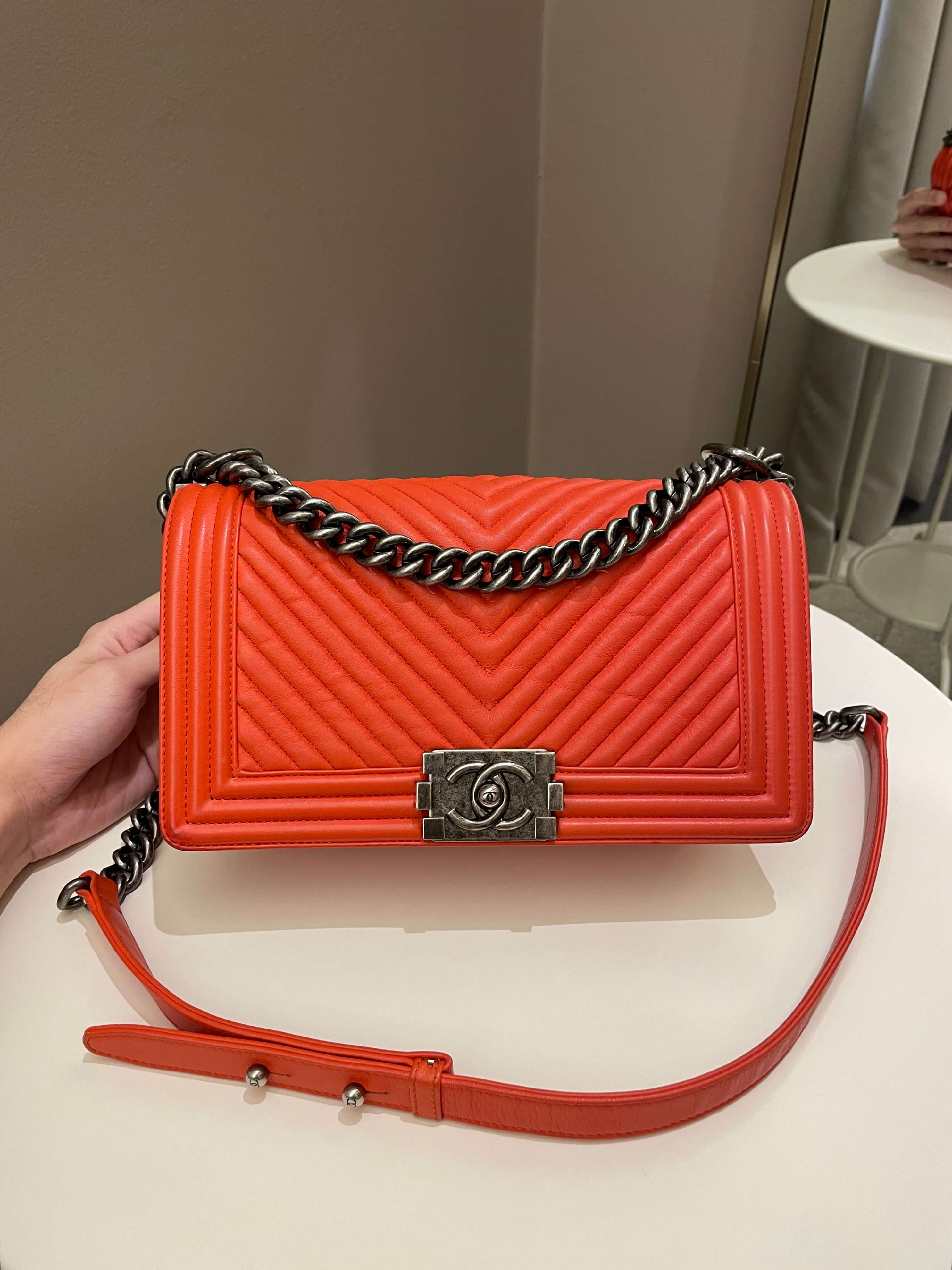 Chanel Herringbone Chevron Boy Old Medium Red Calfskin