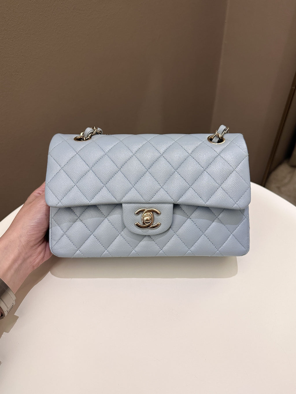 Chanel 22P Classic Quilted Small Double Flap Light Blue Caviar