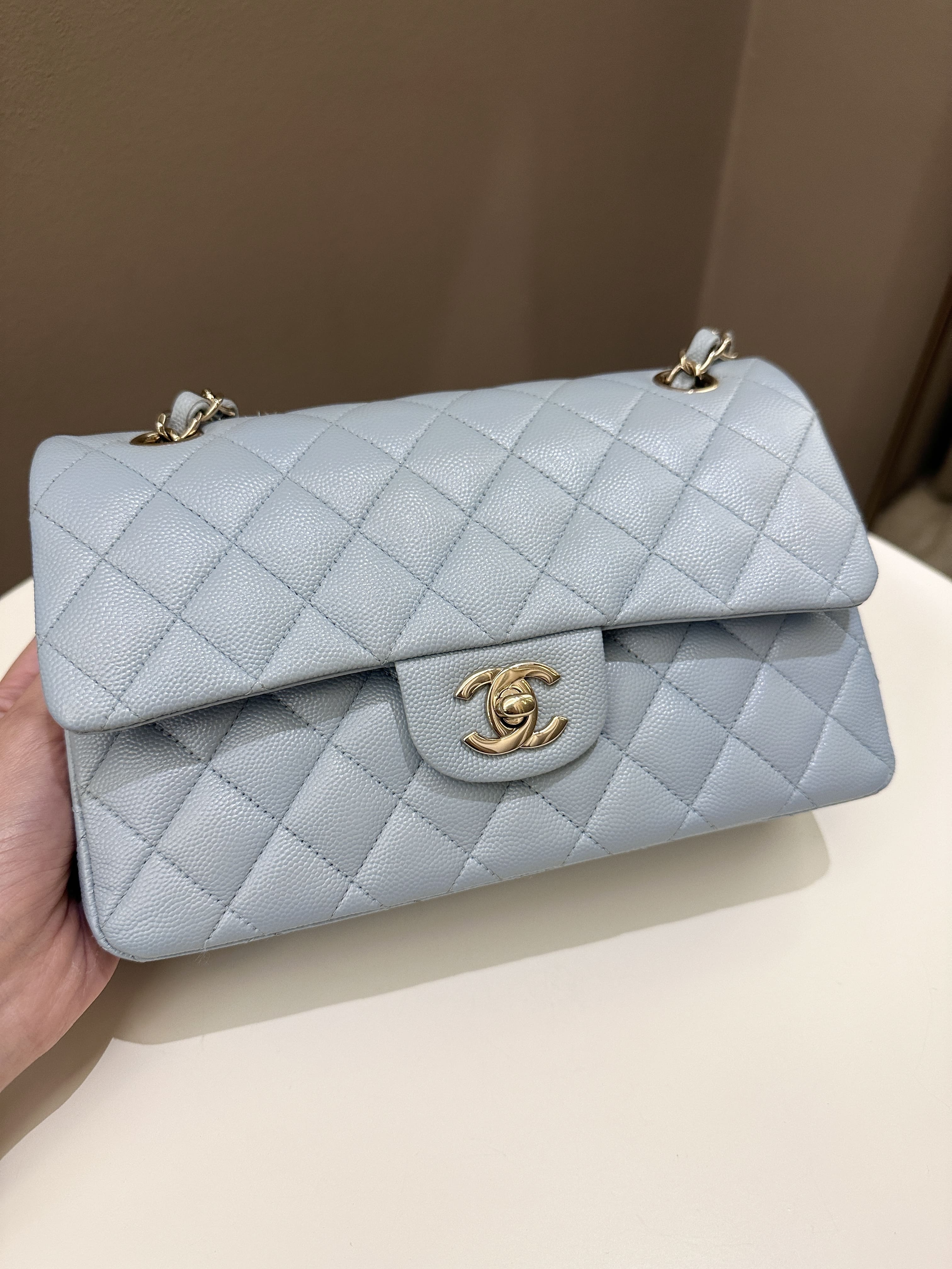 Chanel 22P Classic Quilted Small Double Flap Light Blue Caviar