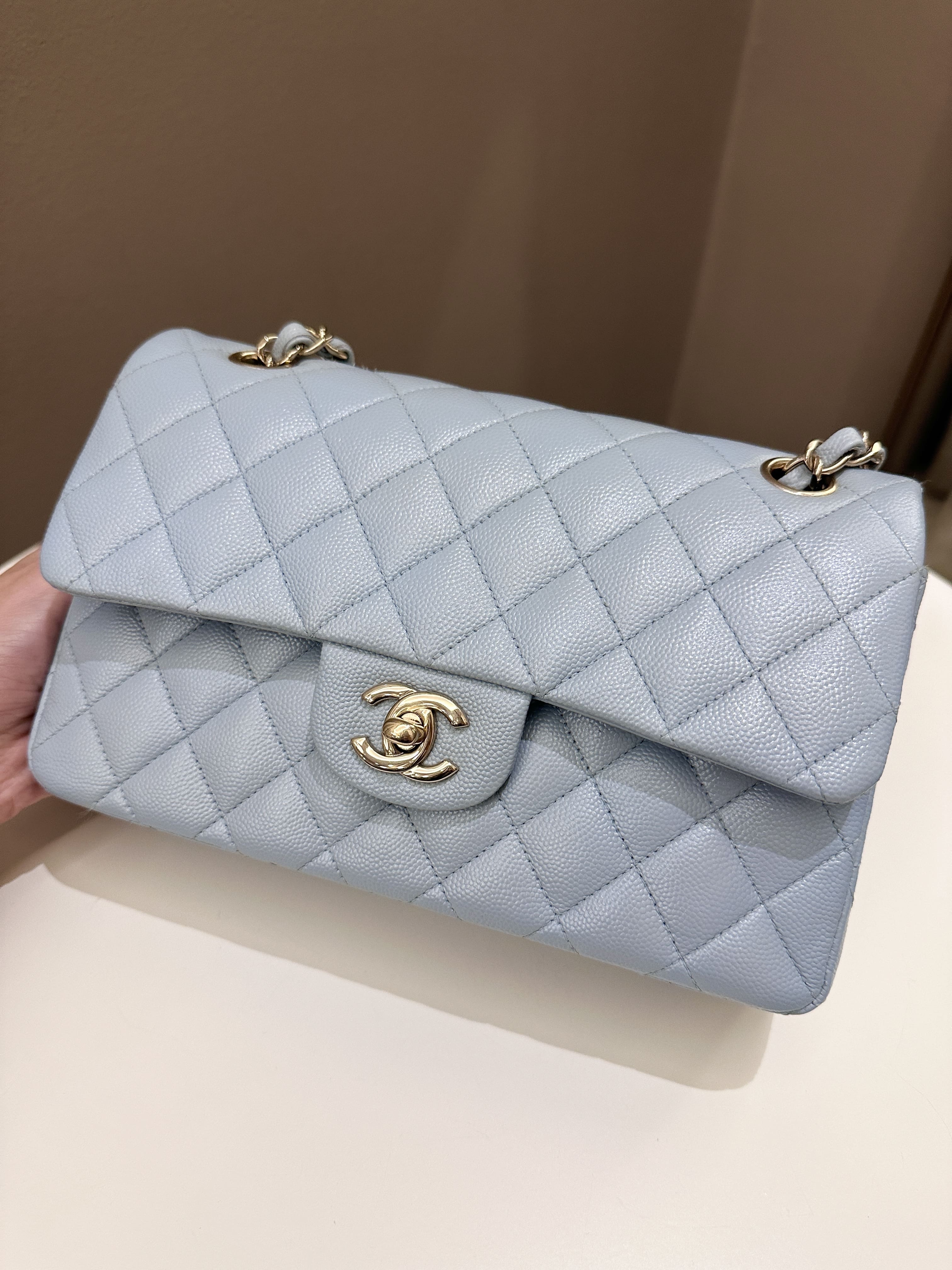 Chanel 22P Classic Quilted Small Double Flap Light Blue Caviar