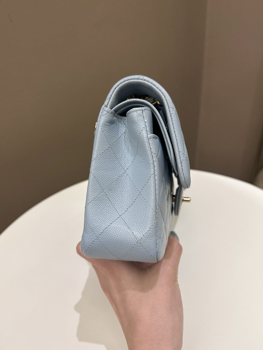 Chanel 22P Classic Quilted Small Double Flap Light Blue Caviar