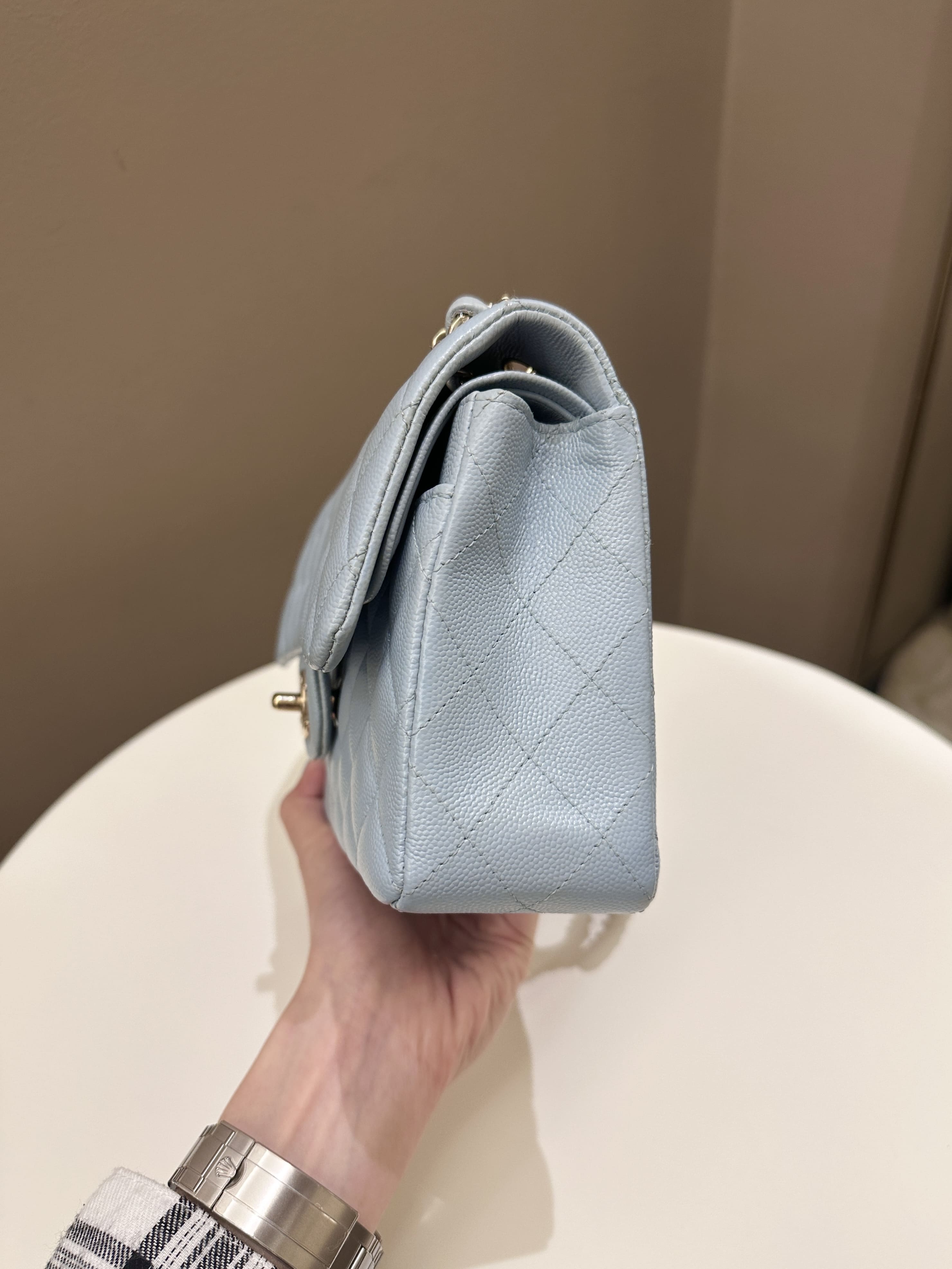 Chanel 22P Classic Quilted Small Double Flap Light Blue Caviar