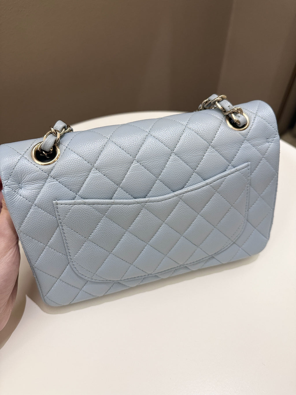 Chanel 22P Classic Quilted Small Double Flap Light Blue Caviar