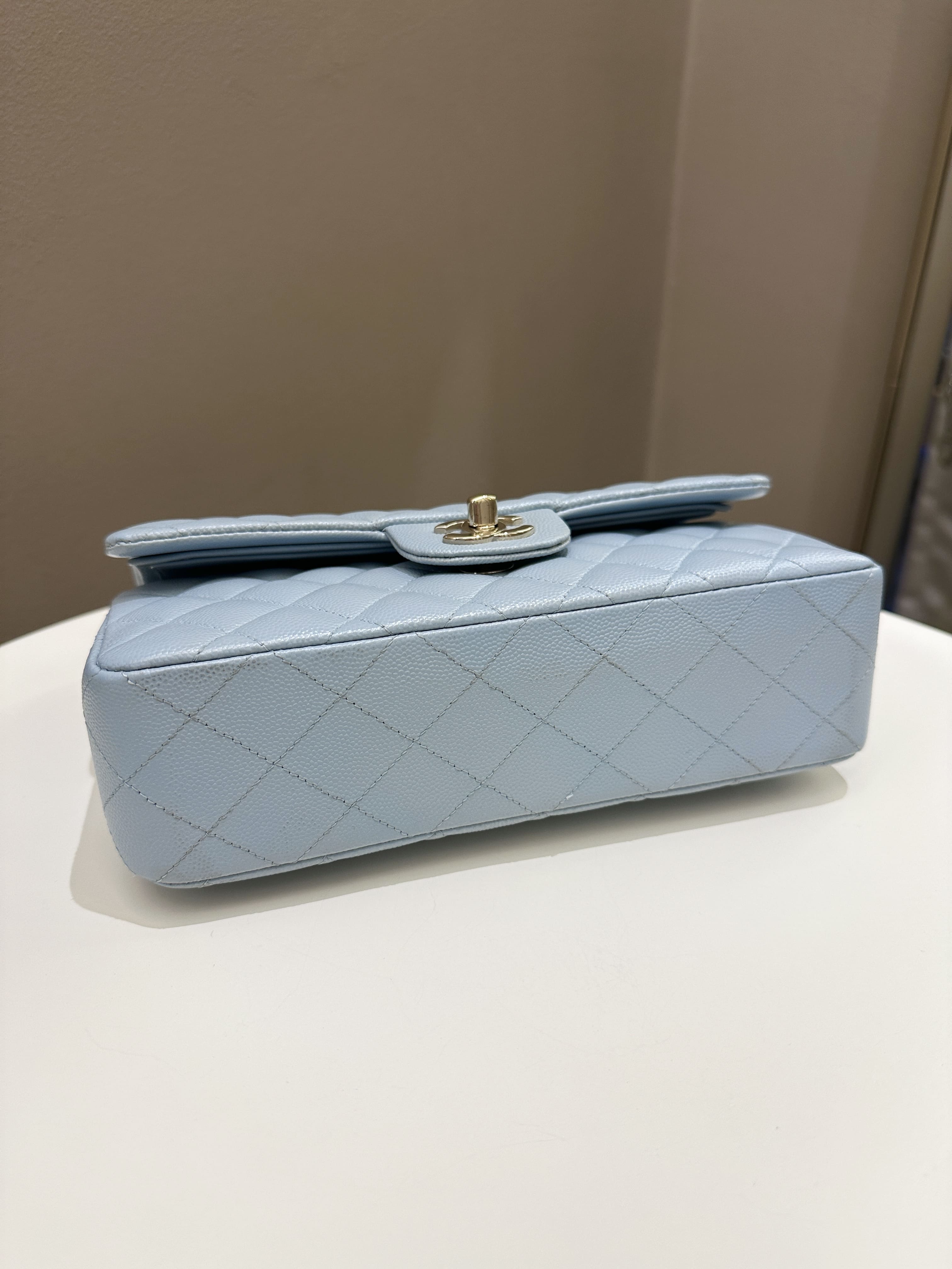 Chanel 22P Classic Quilted Small Double Flap Light Blue Caviar
