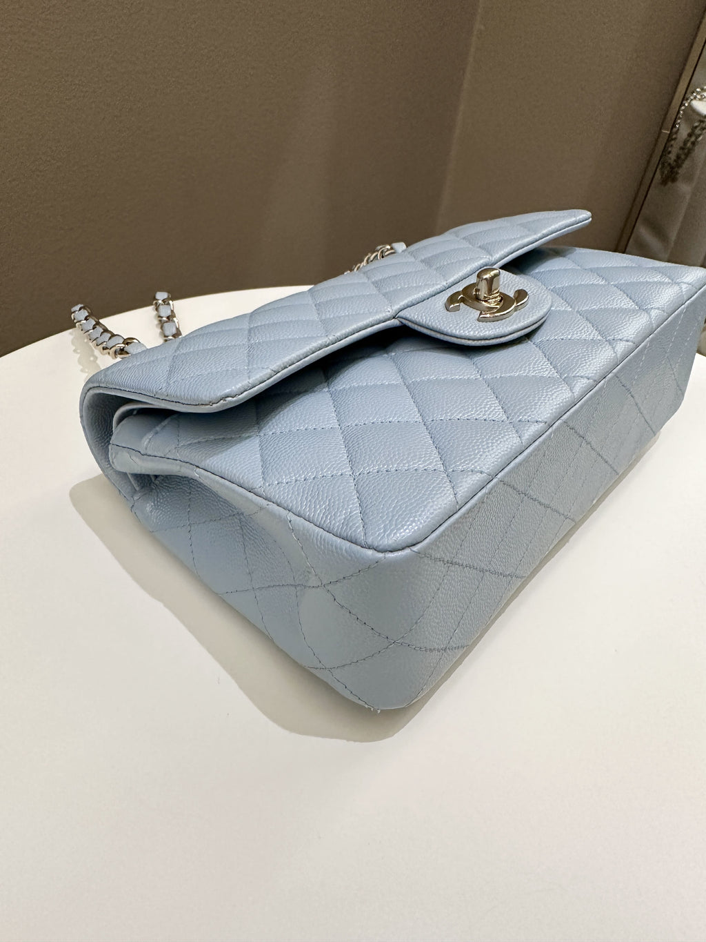 Chanel 22P Classic Quilted Small Double Flap Light Blue Caviar