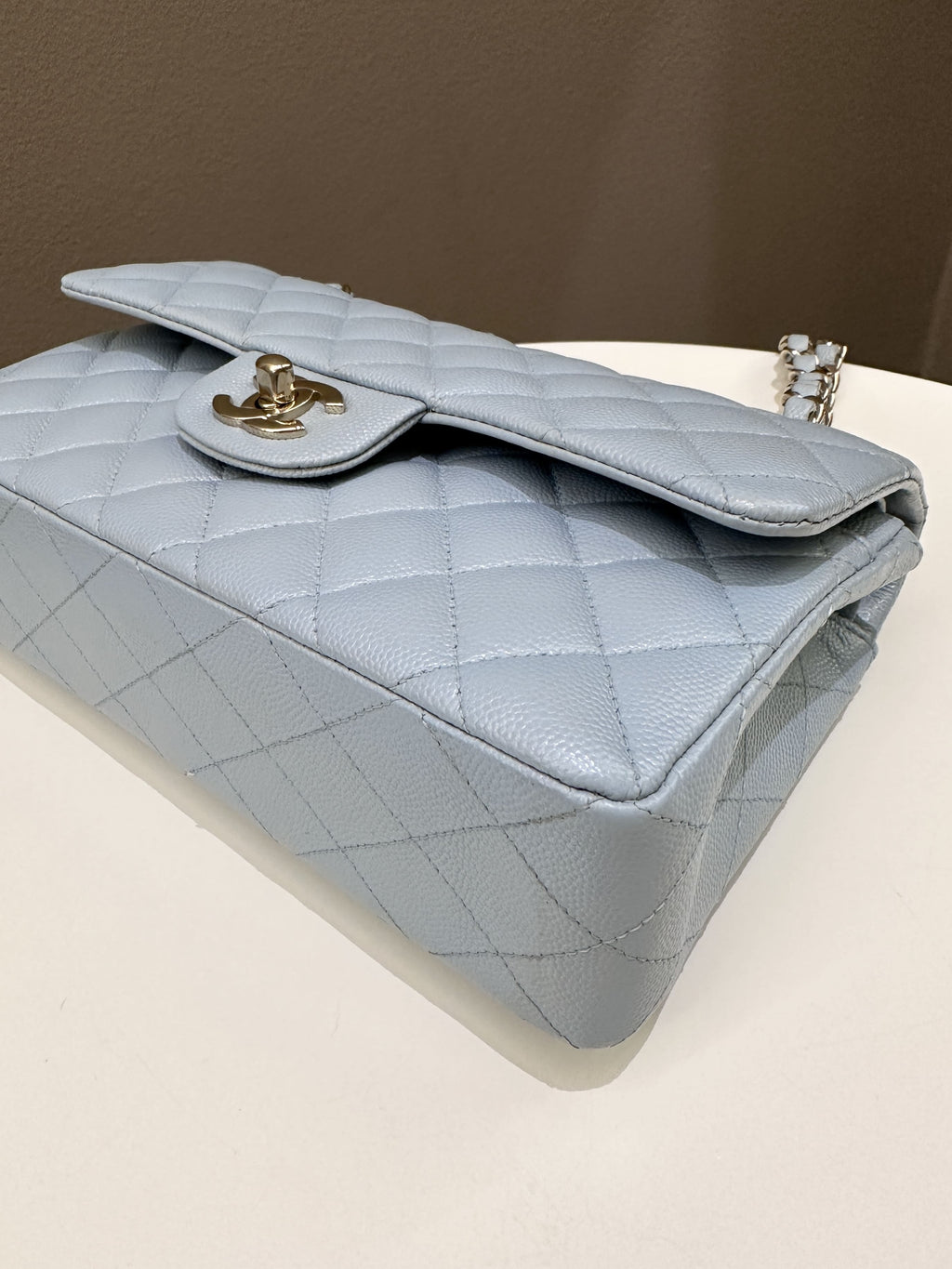 Chanel 22P Classic Quilted Small Double Flap Light Blue Caviar