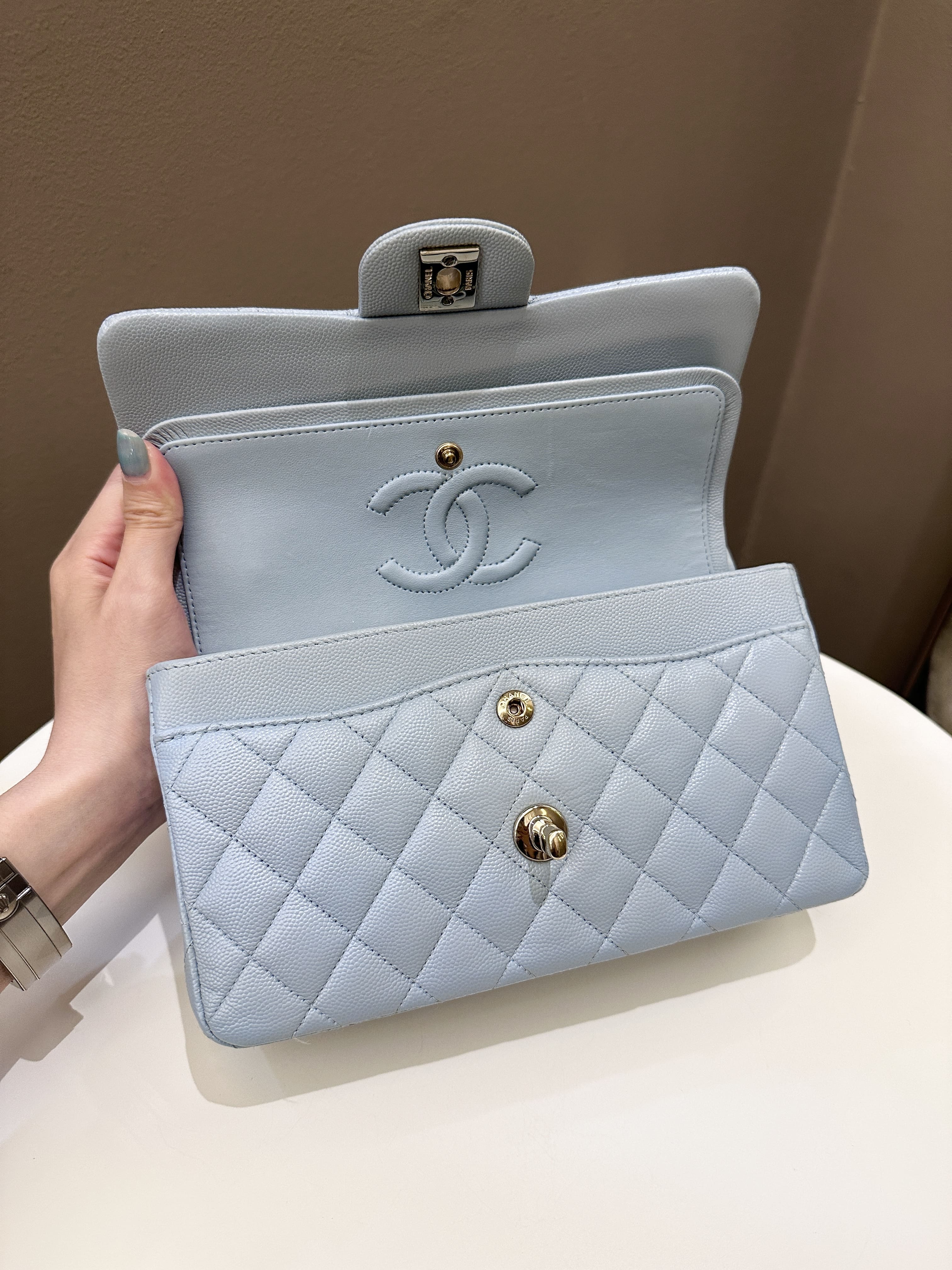 Chanel 22P Classic Quilted Small Double Flap Light Blue Caviar