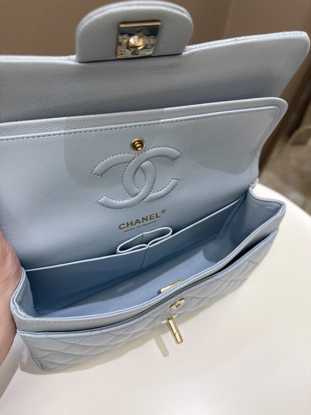 Chanel 22P Classic Quilted Small Double Flap Light Blue Caviar