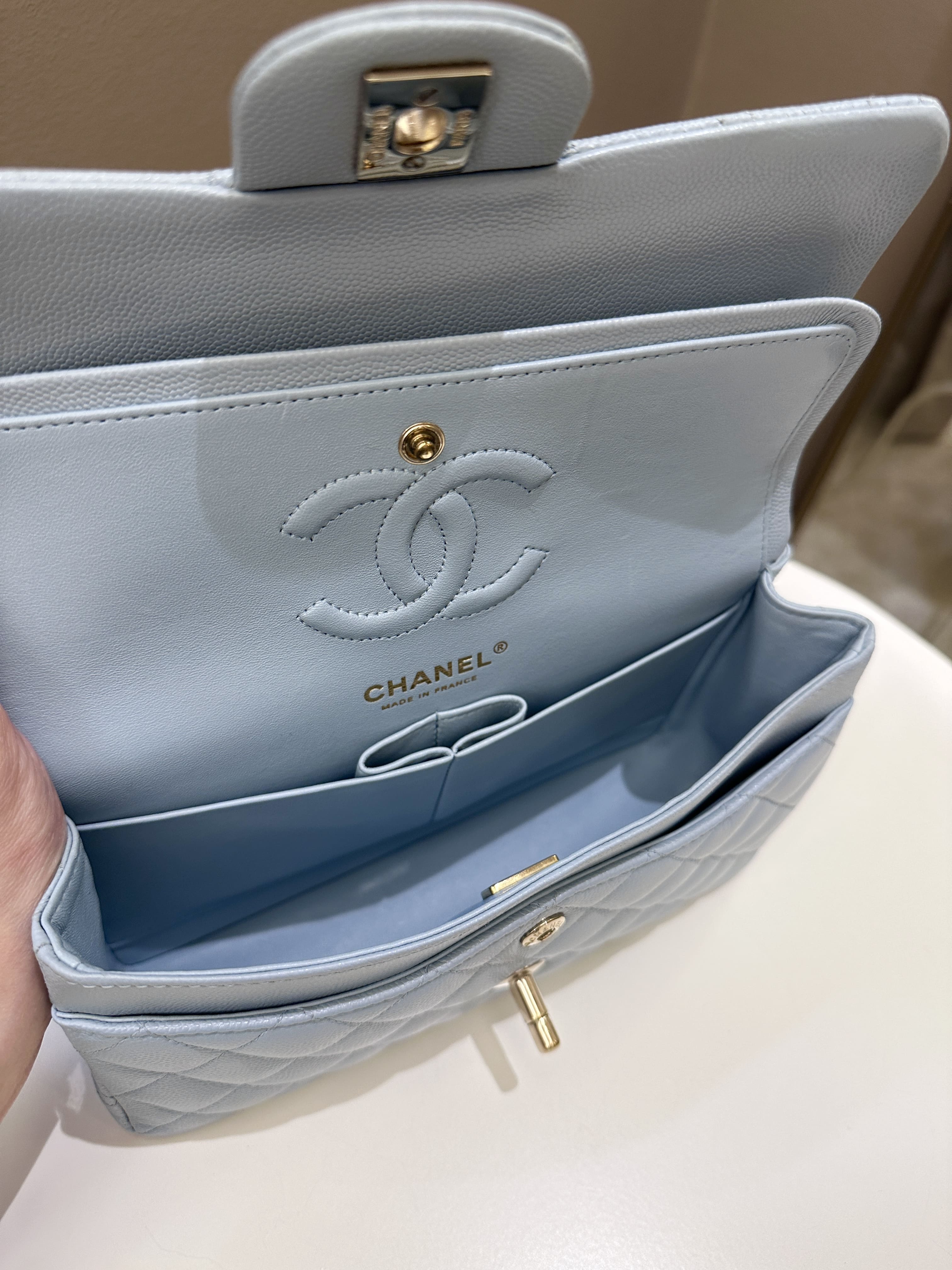 Chanel 22P Classic Quilted Small Double Flap Light Blue Caviar