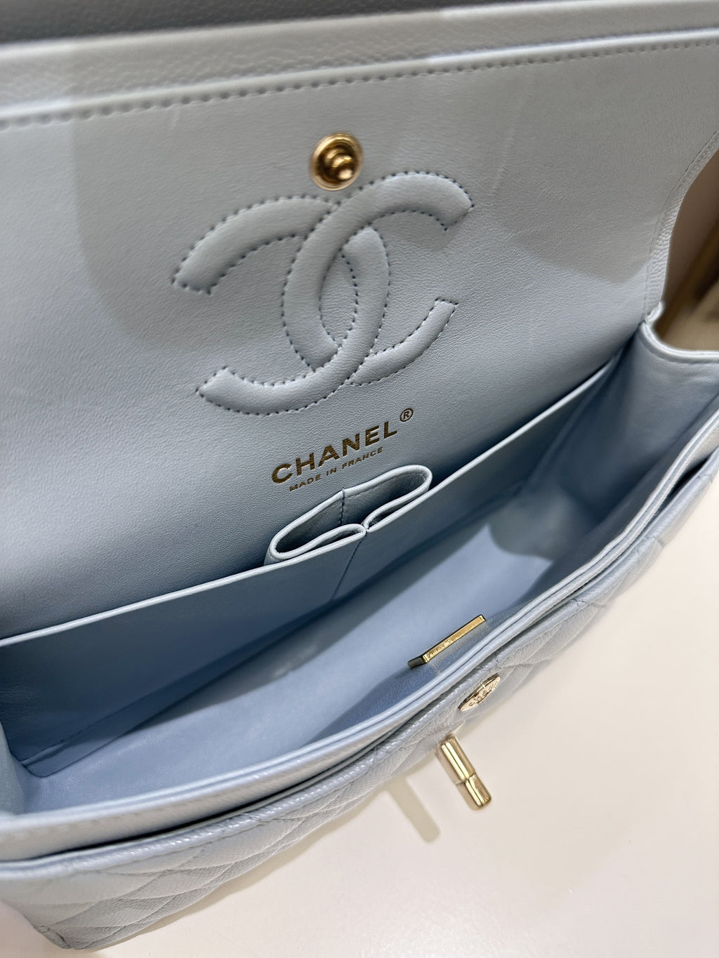 Chanel 22P Classic Quilted Small Double Flap Light Blue Caviar