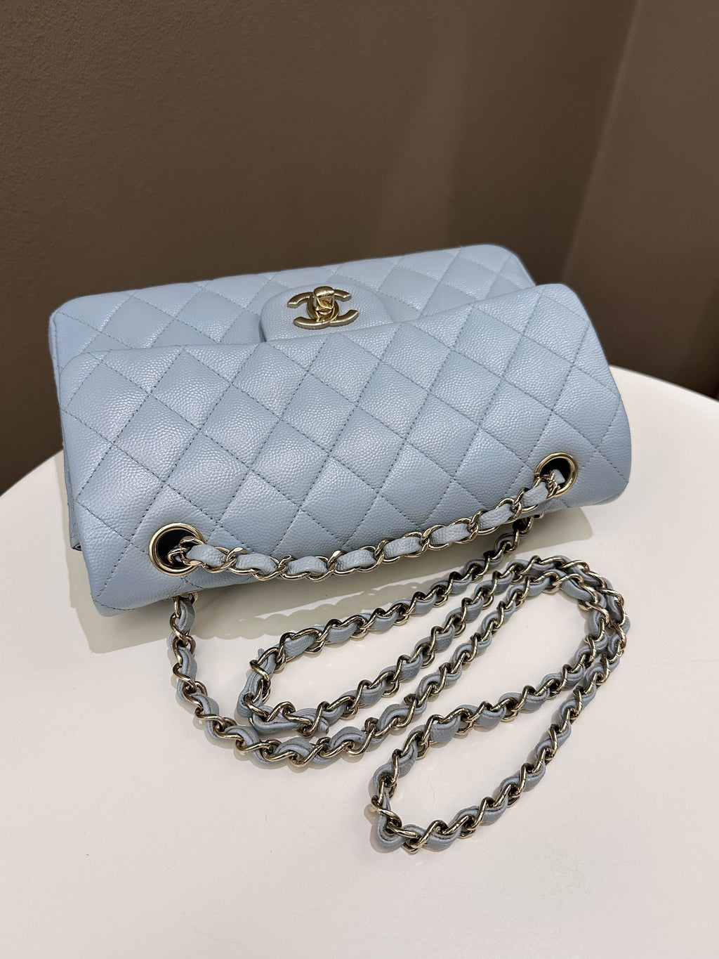 Chanel 22P Classic Quilted Small Double Flap Light Blue Caviar