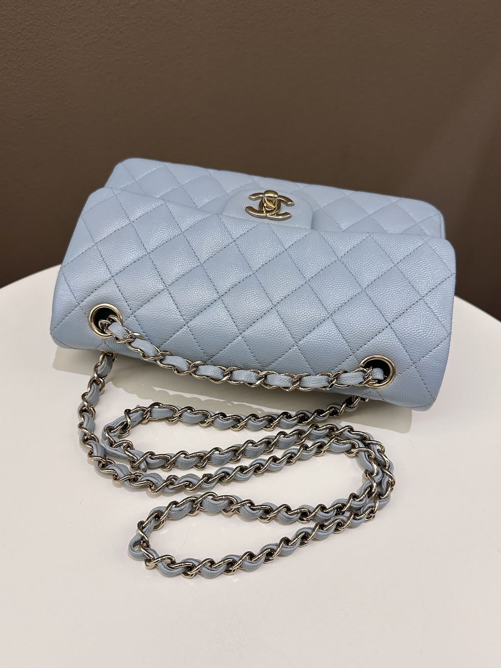 Chanel 22P Classic Quilted Small Double Flap Light Blue Caviar