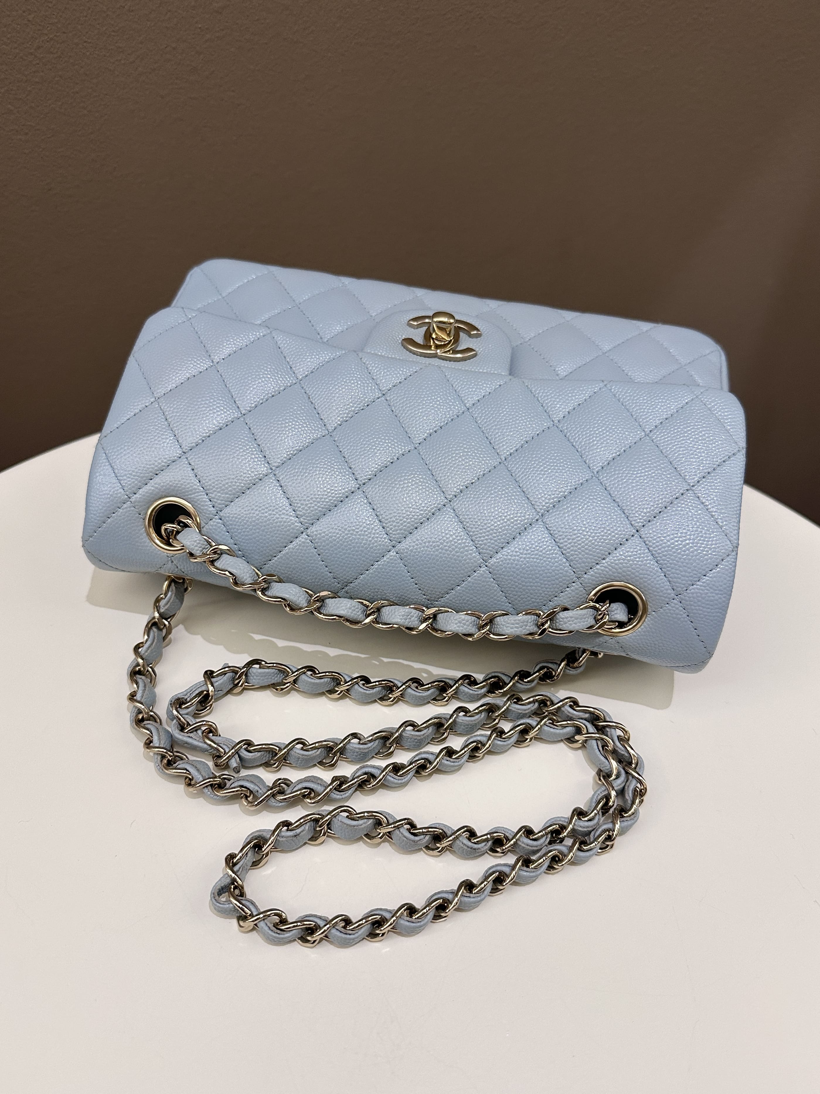 Chanel 22P Classic Quilted Small Double Flap Light Blue Caviar