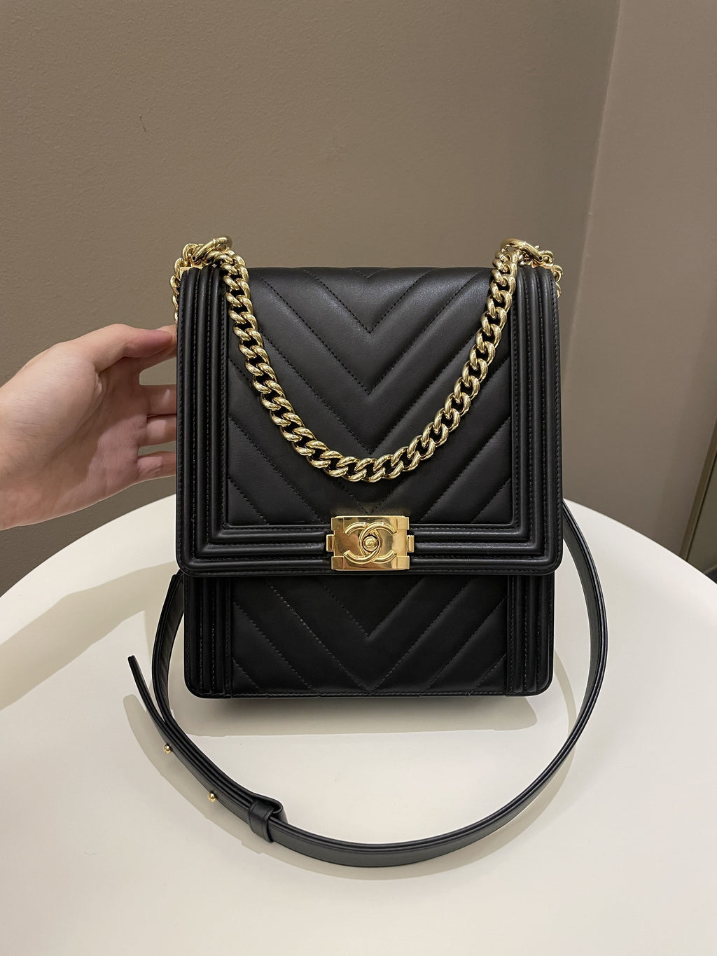 Chanel Chevron North South Boy Black Stiff Lambskin