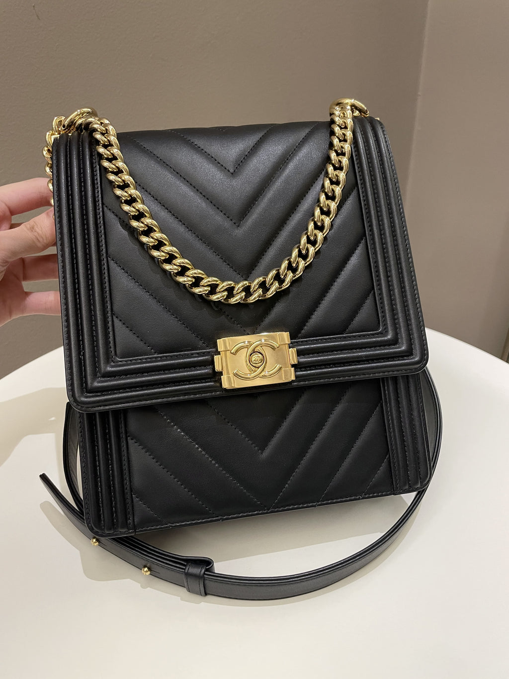 Chanel Chevron North South Boy Black Stiff Lambskin