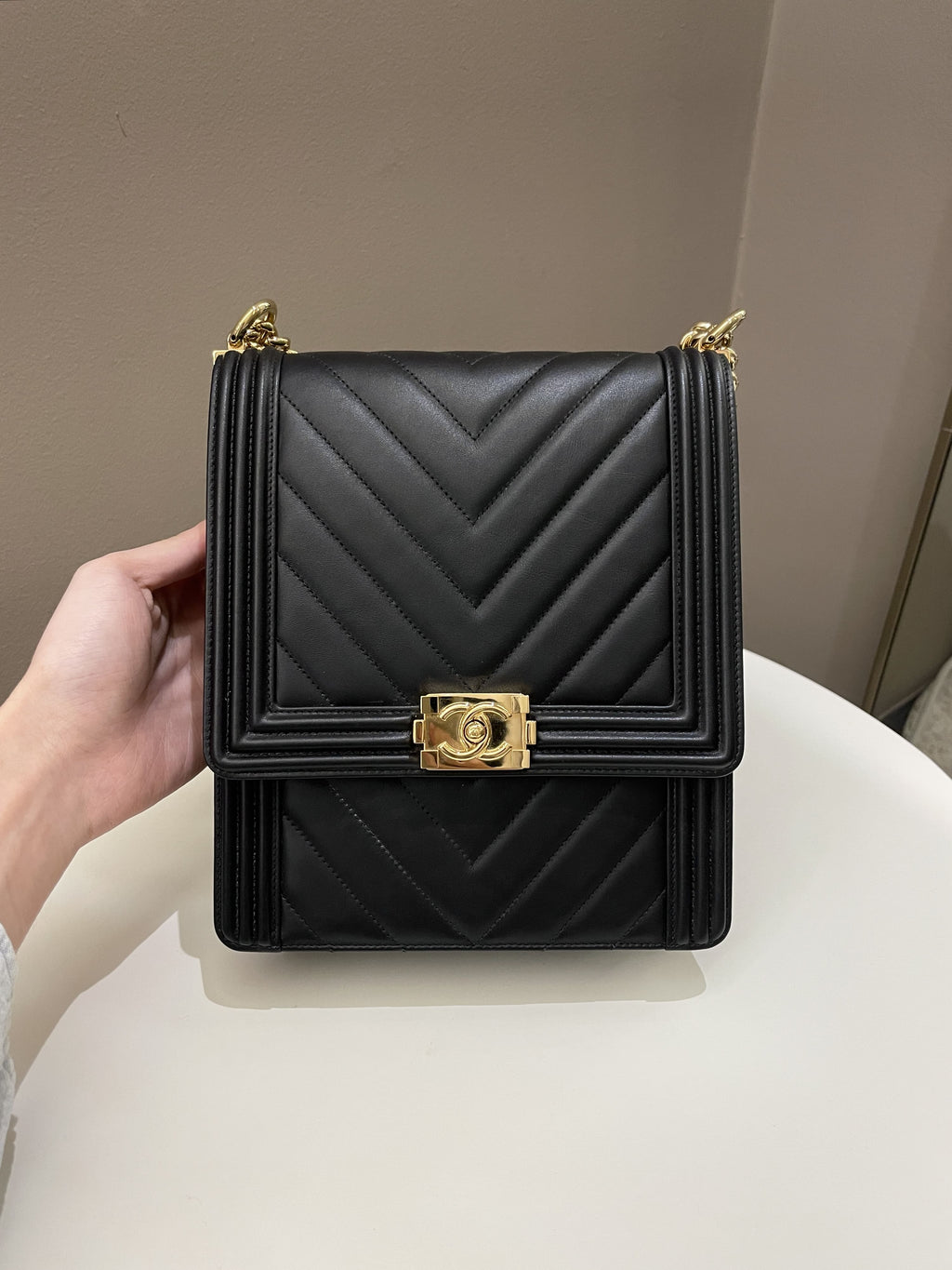Chanel Chevron North South Boy Black Stiff Lambskin
