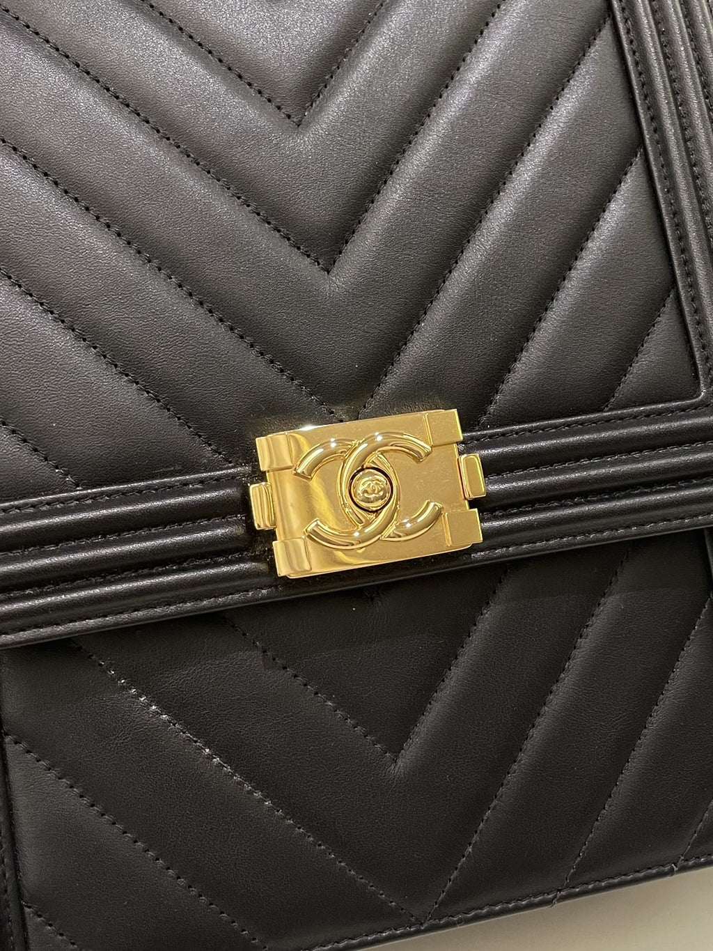 Chanel Chevron North South Boy Black Stiff Lambskin