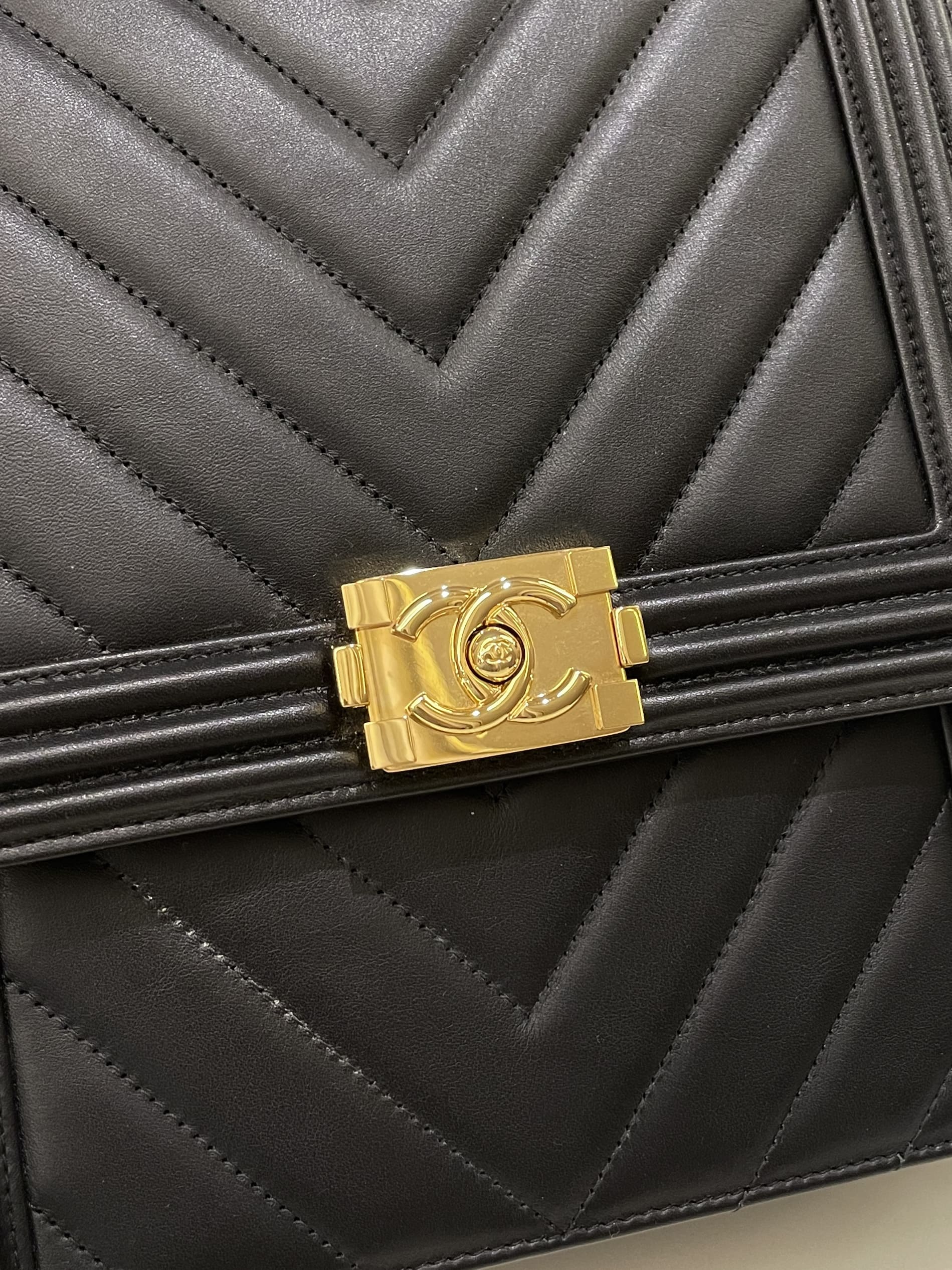 Chanel Chevron North South Boy Black Stiff Lambskin