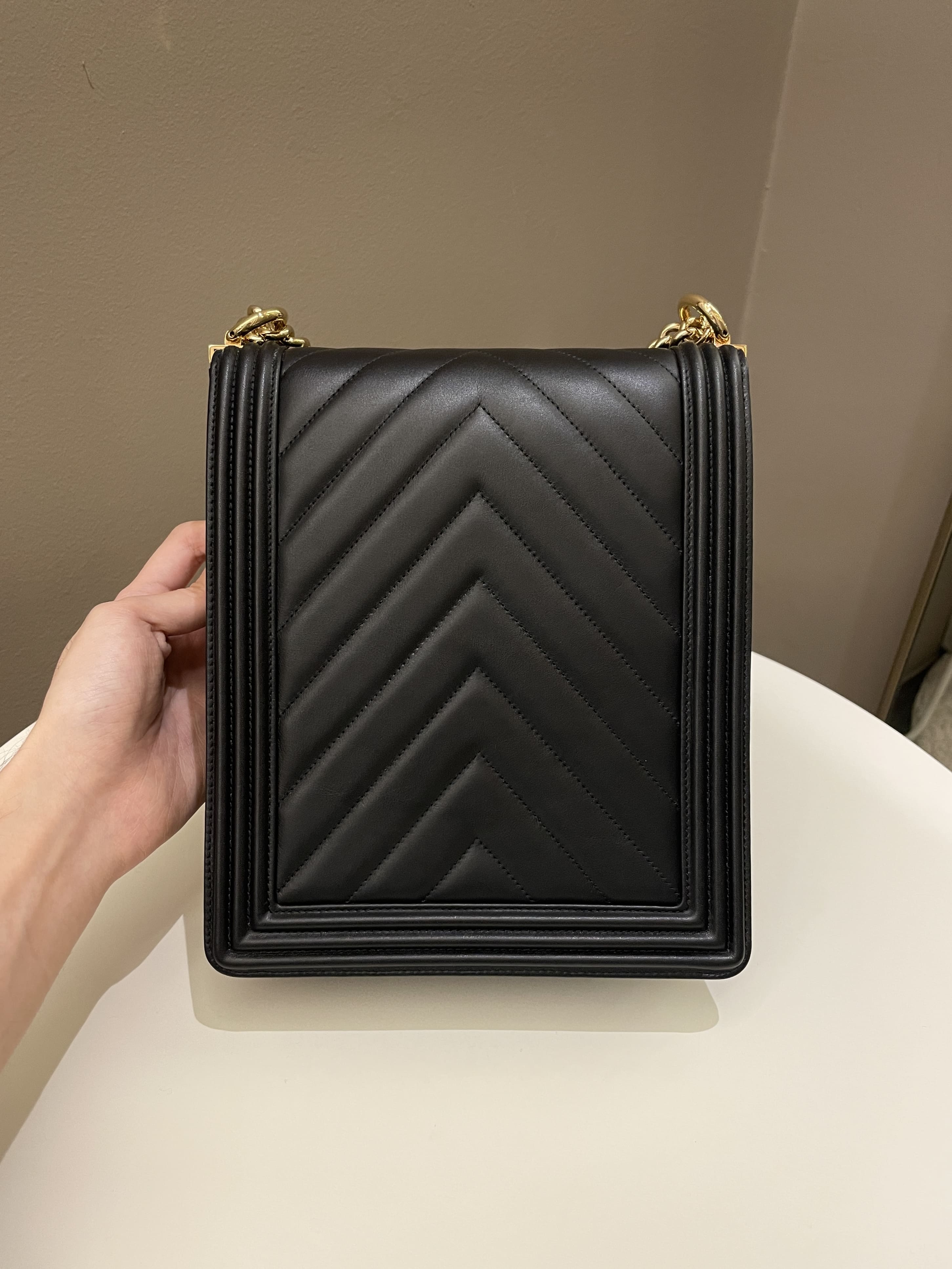 Chanel Chevron North South Boy Black Stiff Lambskin
