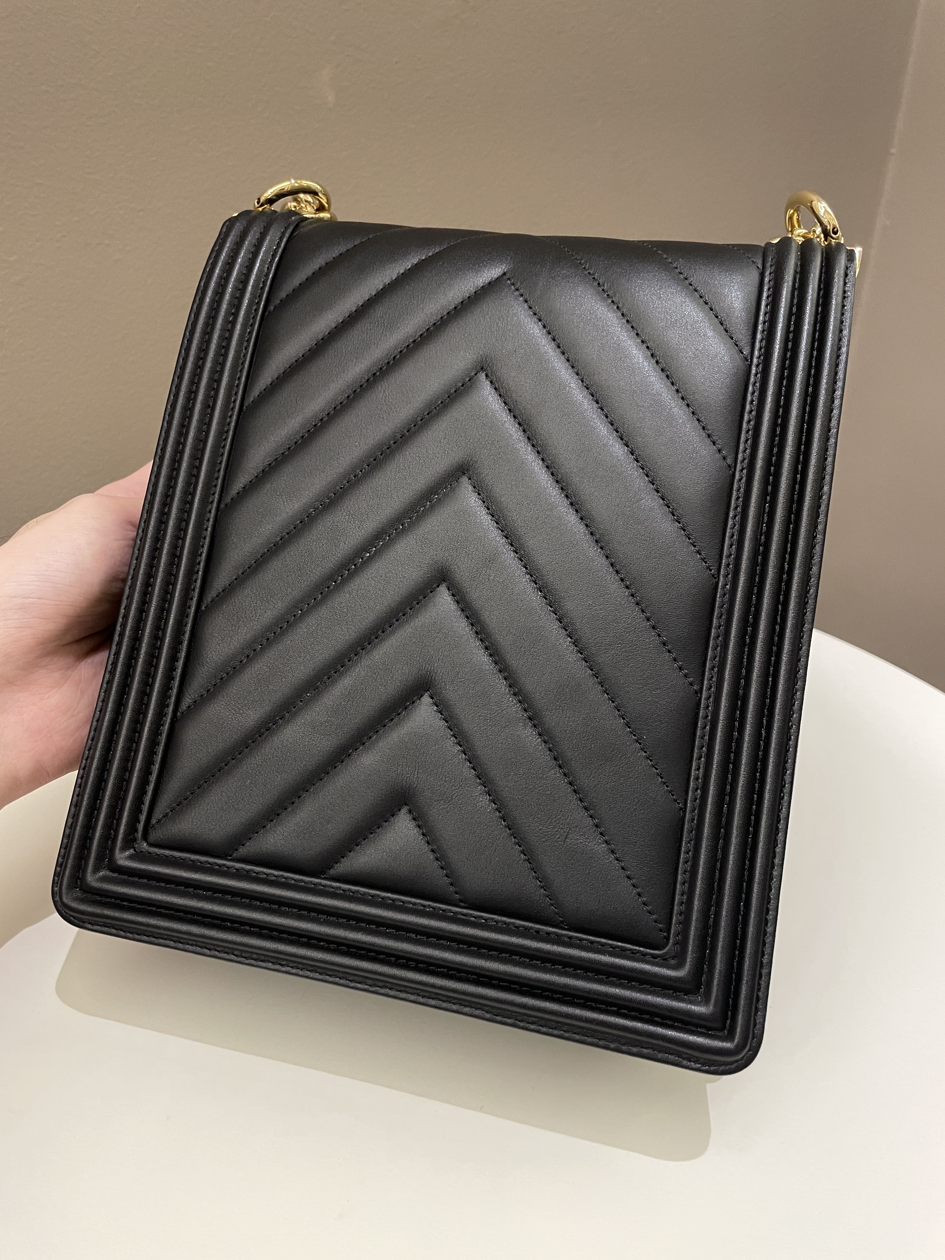 Chanel Chevron North South Boy Black Stiff Lambskin