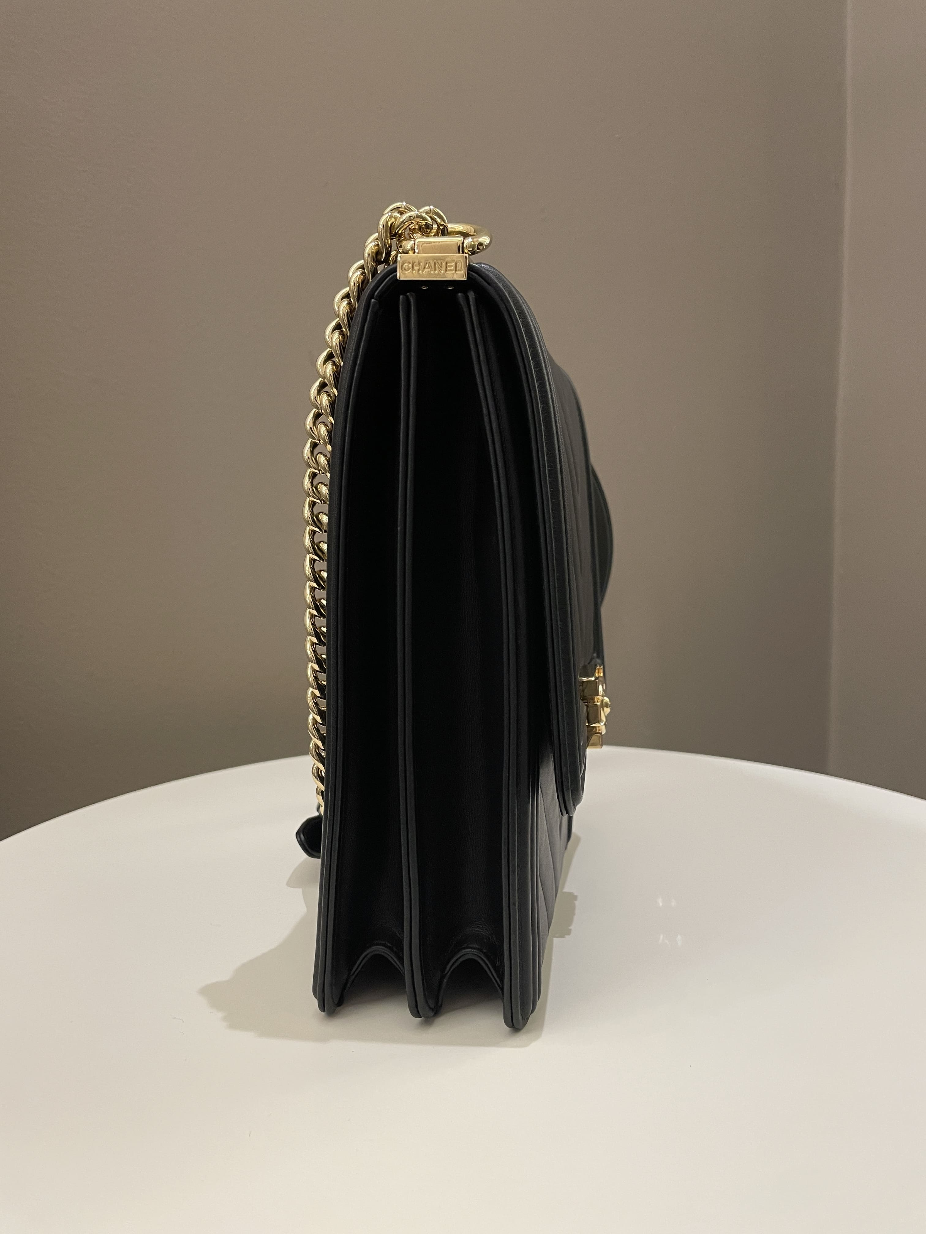 Chanel Chevron North South Boy Black Stiff Lambskin