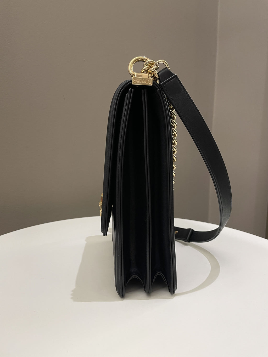 Chanel Chevron North South Boy Black Stiff Lambskin